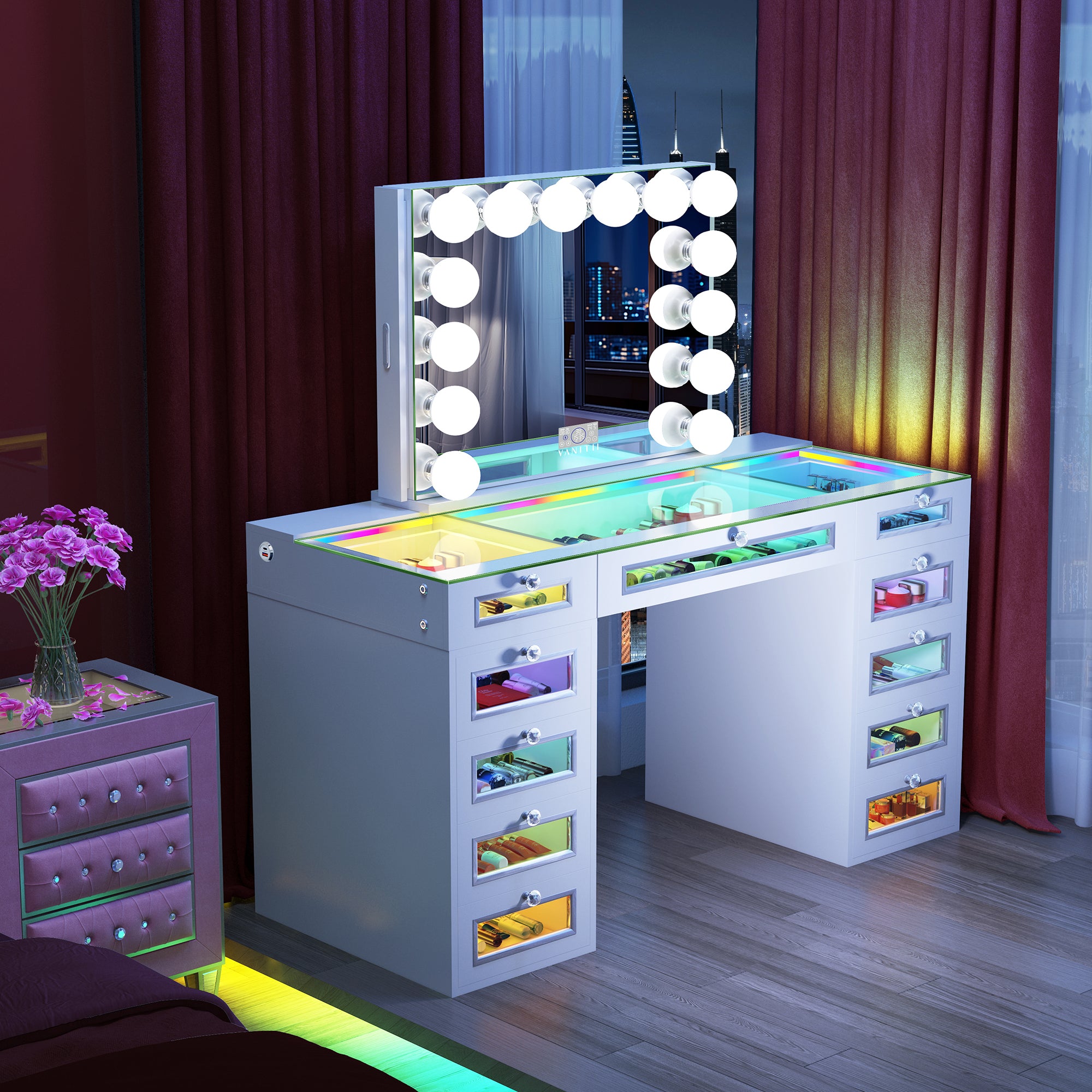 New Release ! VANITII Priscilla Vanity Set with Hollywood Vanity Mirror Pro with Jewelry Cabinet