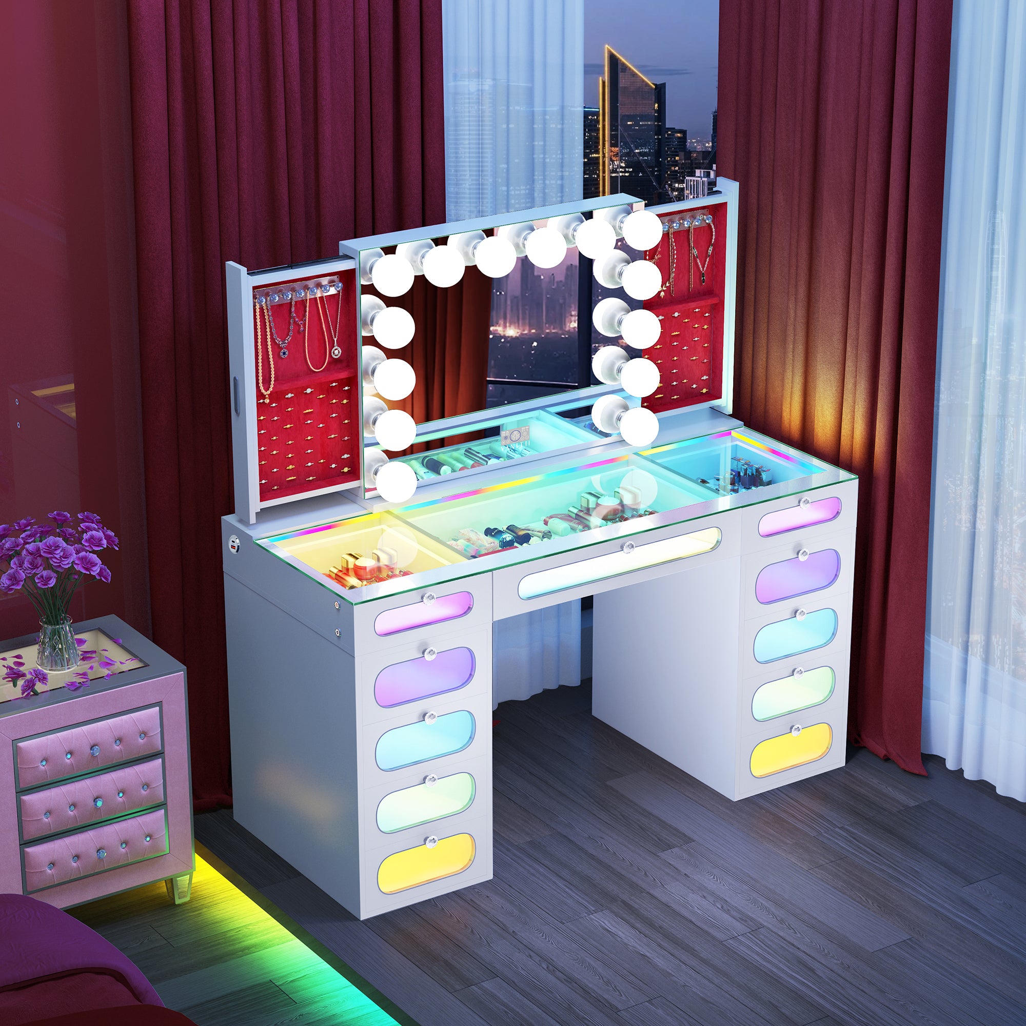 New Release ! VANITII Priscilla Vanity Set with Hollywood Vanity Mirror Pro with Jewelry Cabinet