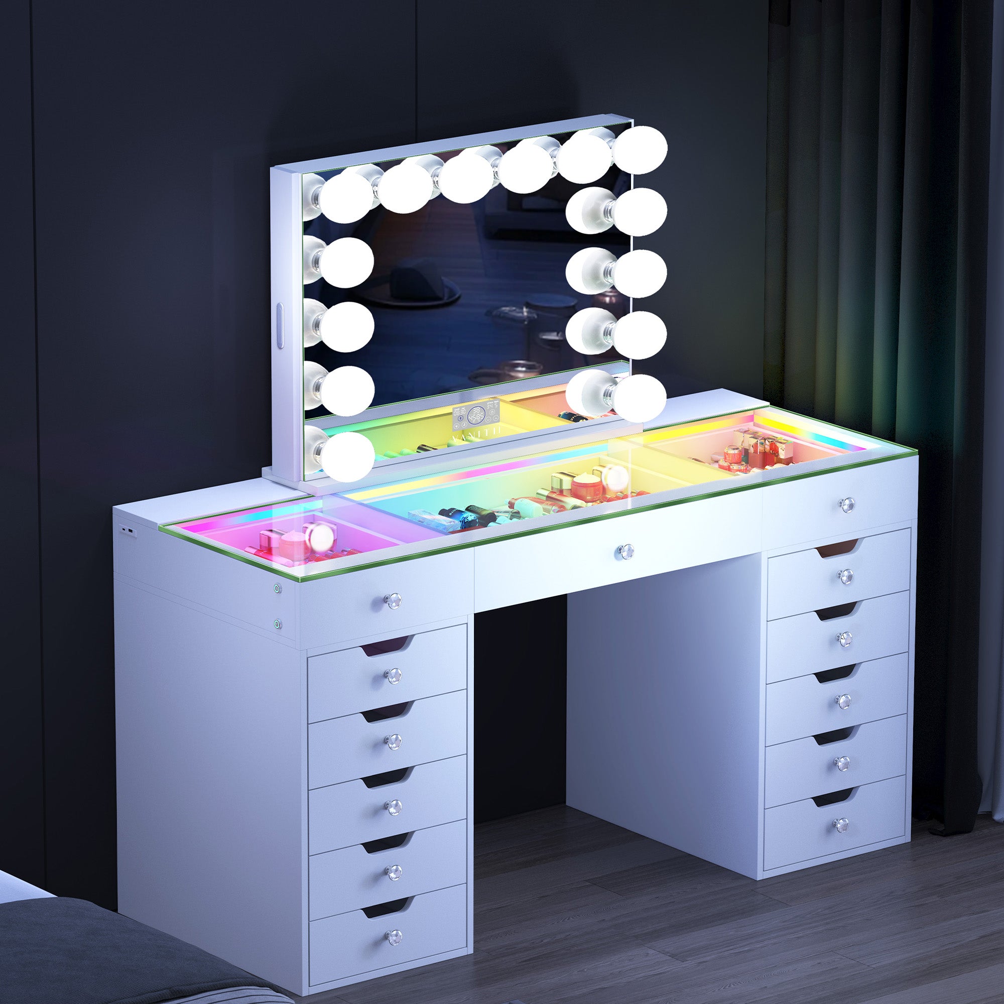 VANITII Eva-RGB Vanity Desk Set Including Marilyn Hollywood Vanity Mirror Pro with Jewelry Organizer