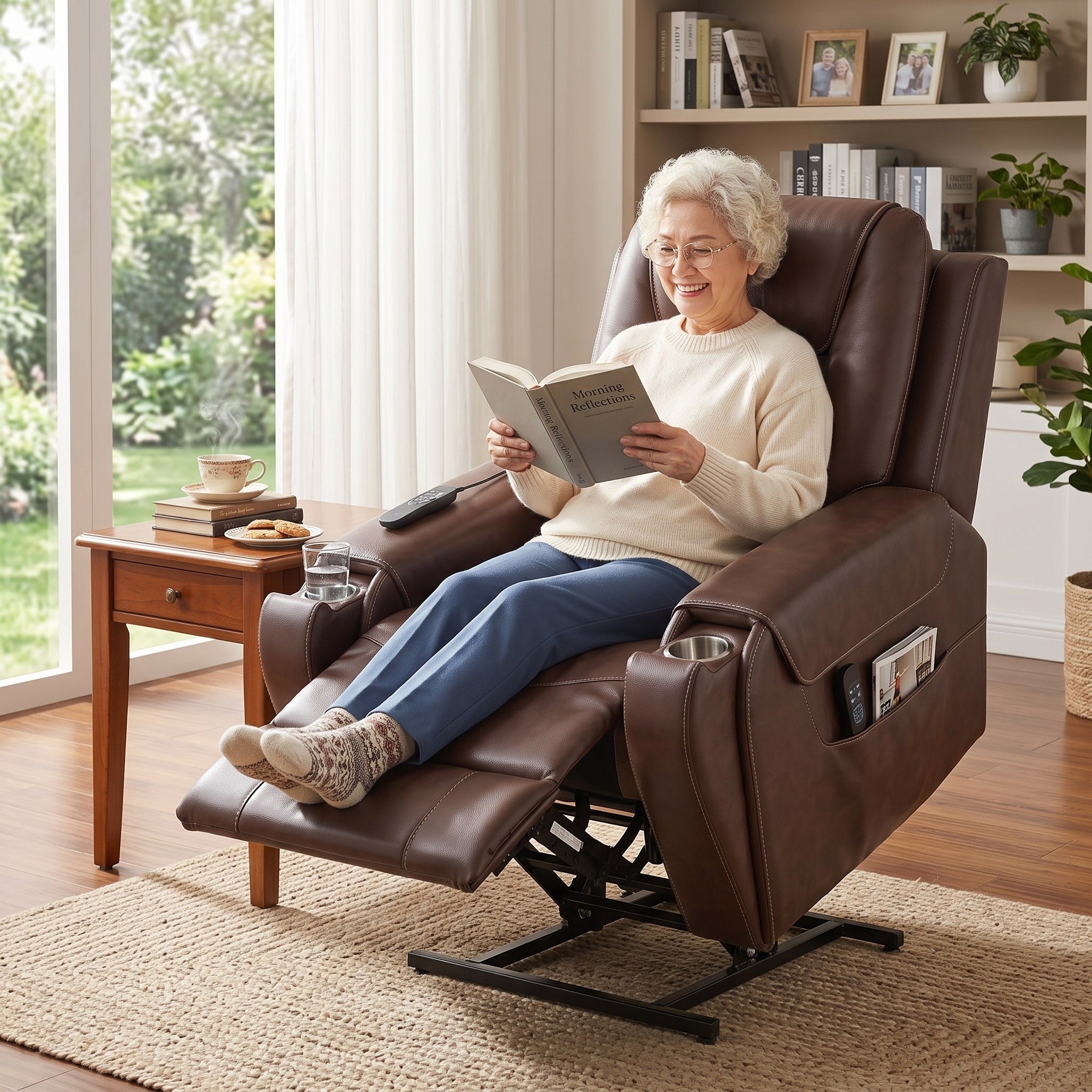 An elderly man reading comfortably in a power lift recliner chair in a cozy living room setup