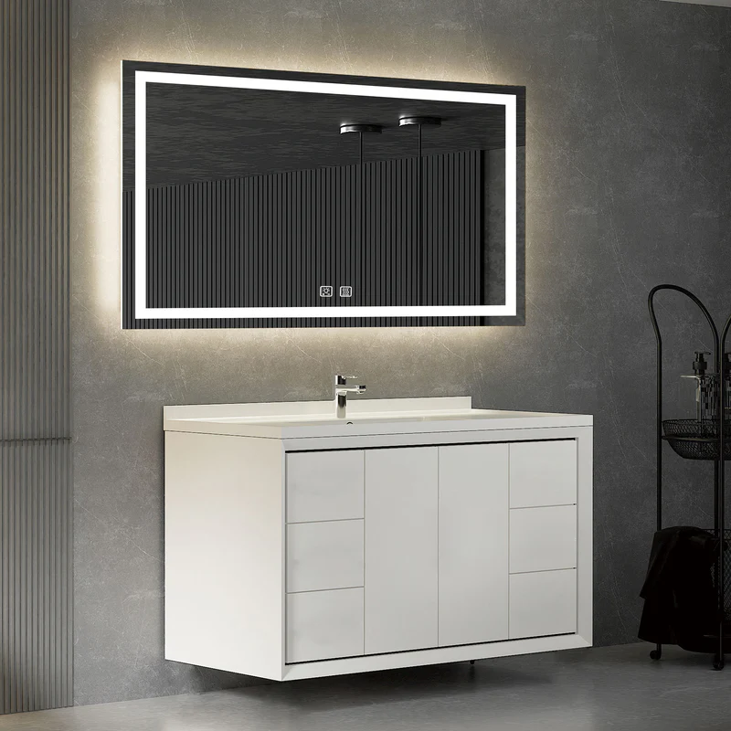 A modern bathroom vanity unit with a sleek white finish.