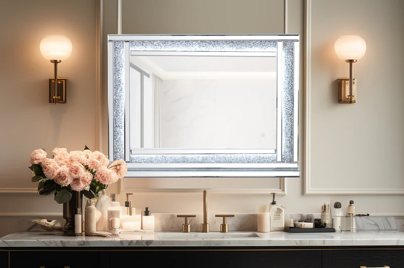 A bathroom vanity with a large mirror