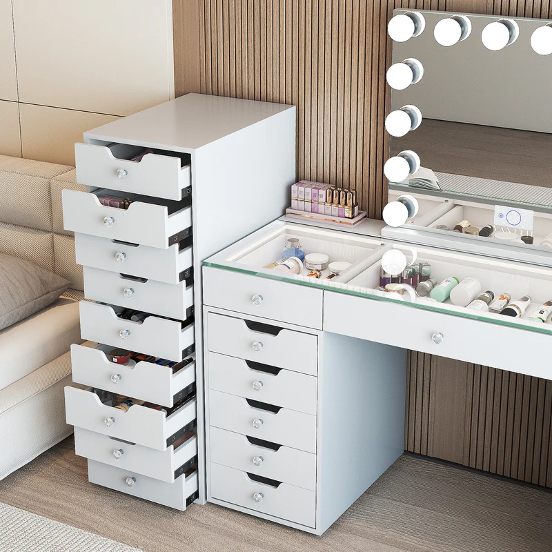 a modern vanity table with an illuminated mirror and multiple drawers for storage