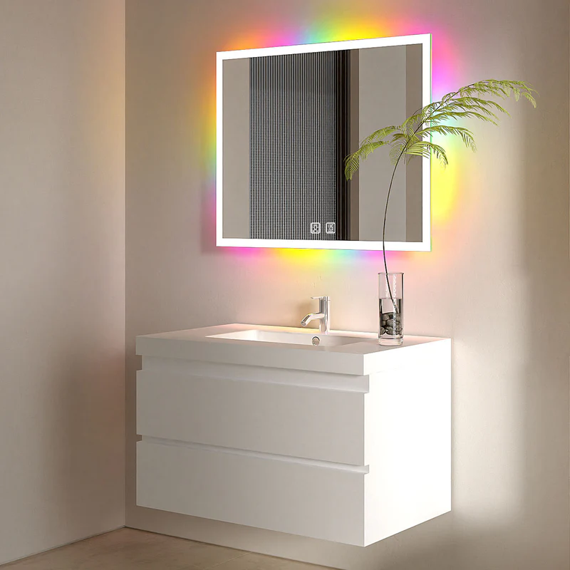 A modern bathroom vanity with a white sink and cabinet