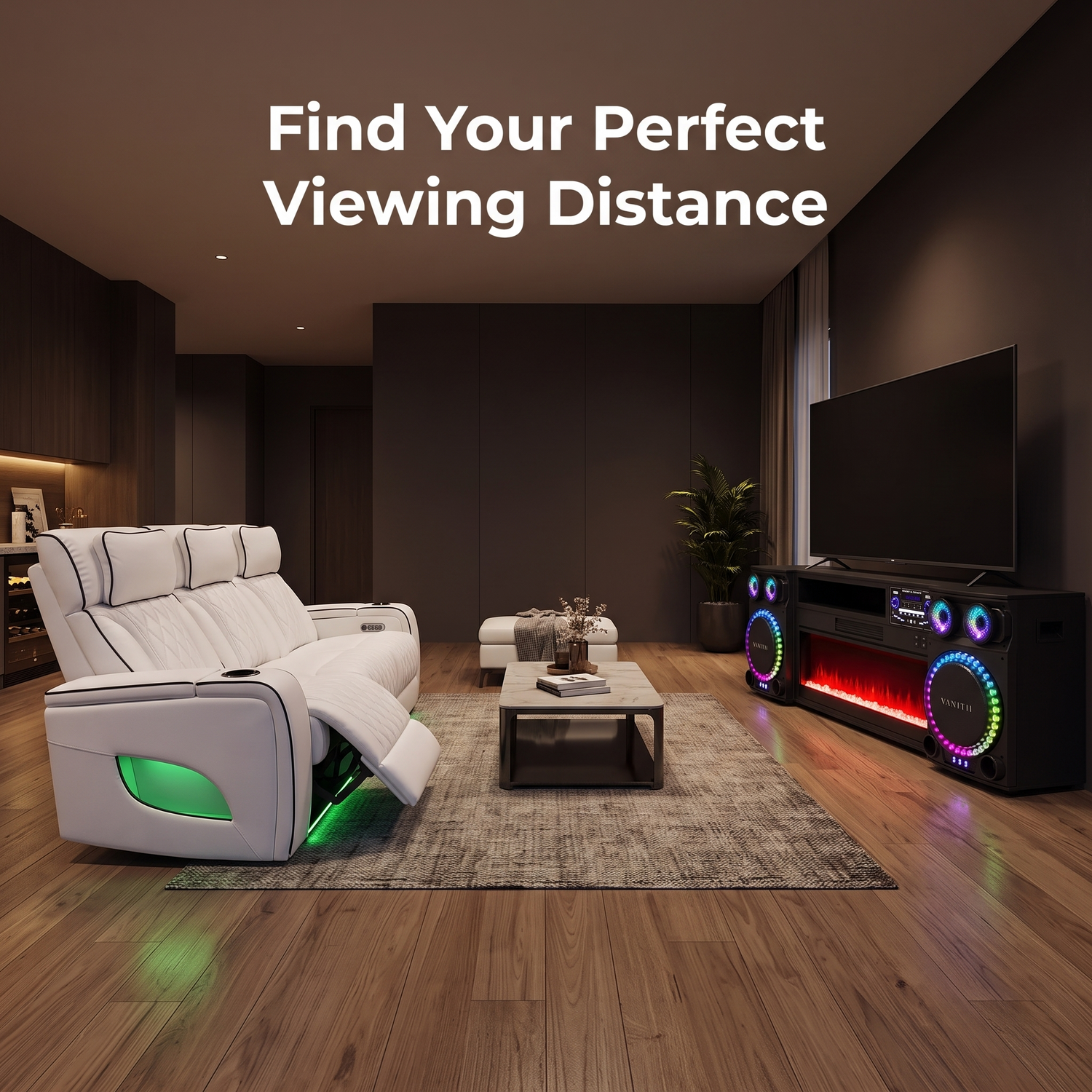 Modern living room with fireplace TV stand and power reclining sofa showing ideal viewing distance setup