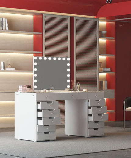 Sleek white vanity desk featuring a large LED lighted mirror with 12 dimmable bulbs, multiple drawers for storage, and a spacious countertop for makeup and accessories.