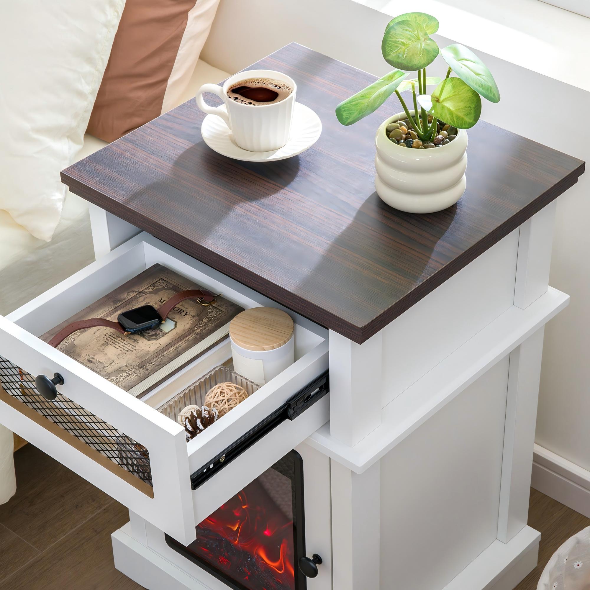 LED Nightstand with Drawer and 3D Fireplace Flame for Bedroom and Living Room
