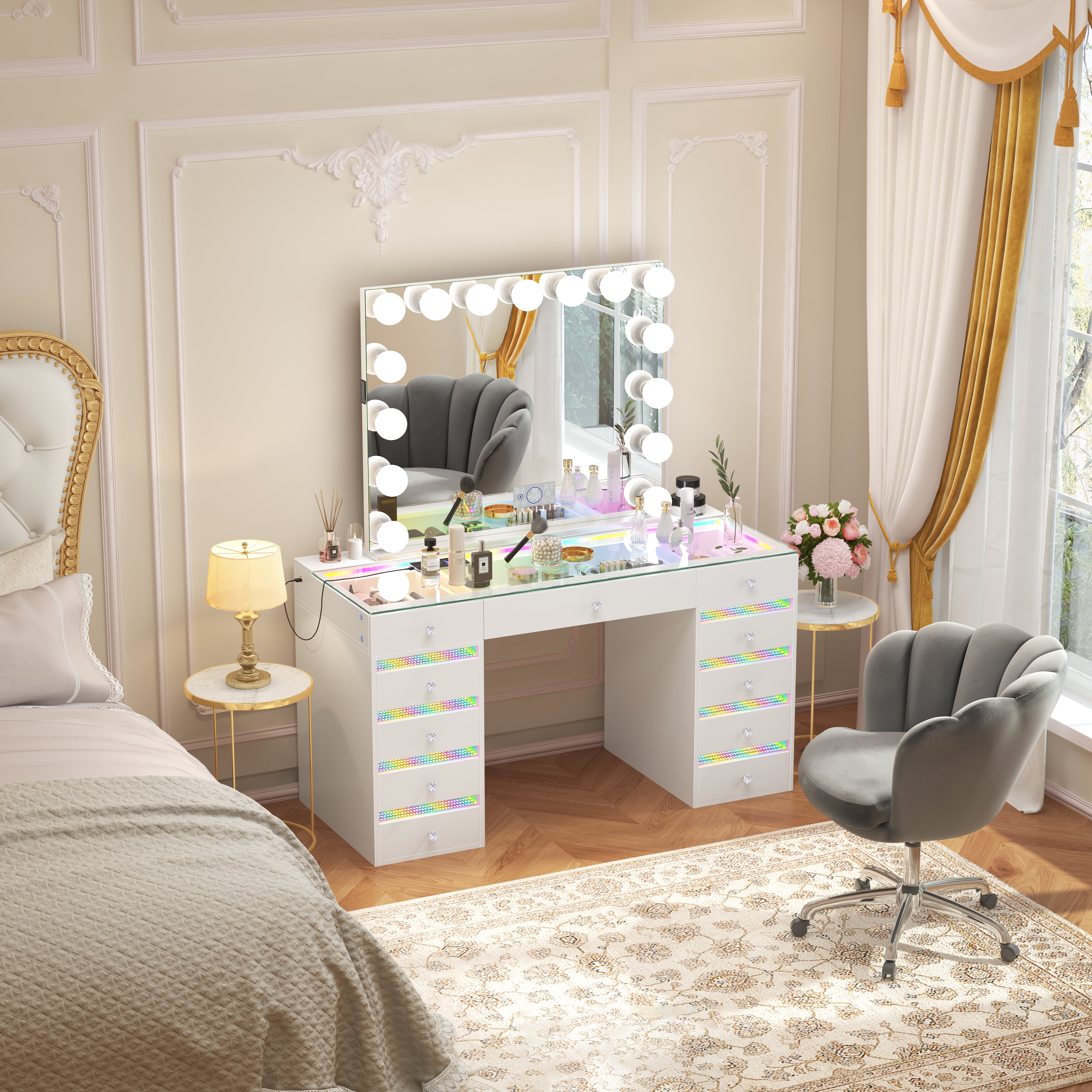 VANITII Fenair Vanity Desk with RGB Light including 15 Bulbs Vanity Mirror thumbnail view 2