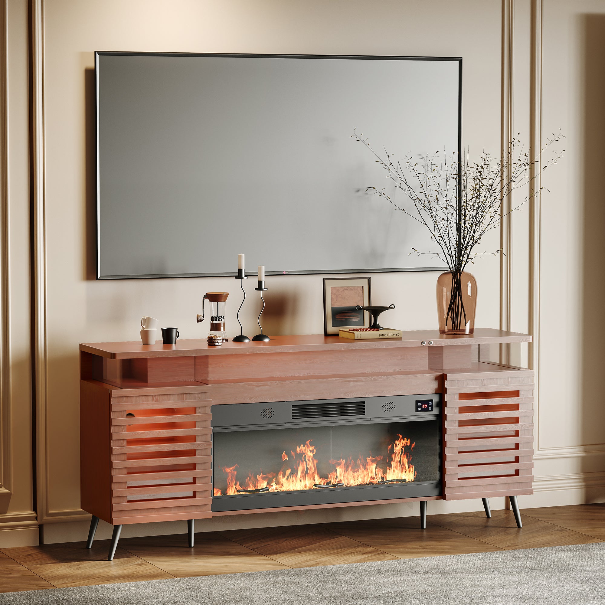 GRACE Fully Assembled 71" TV Stand with Electric Fireplace.It is placed in the living room,being both beautiful and practical.