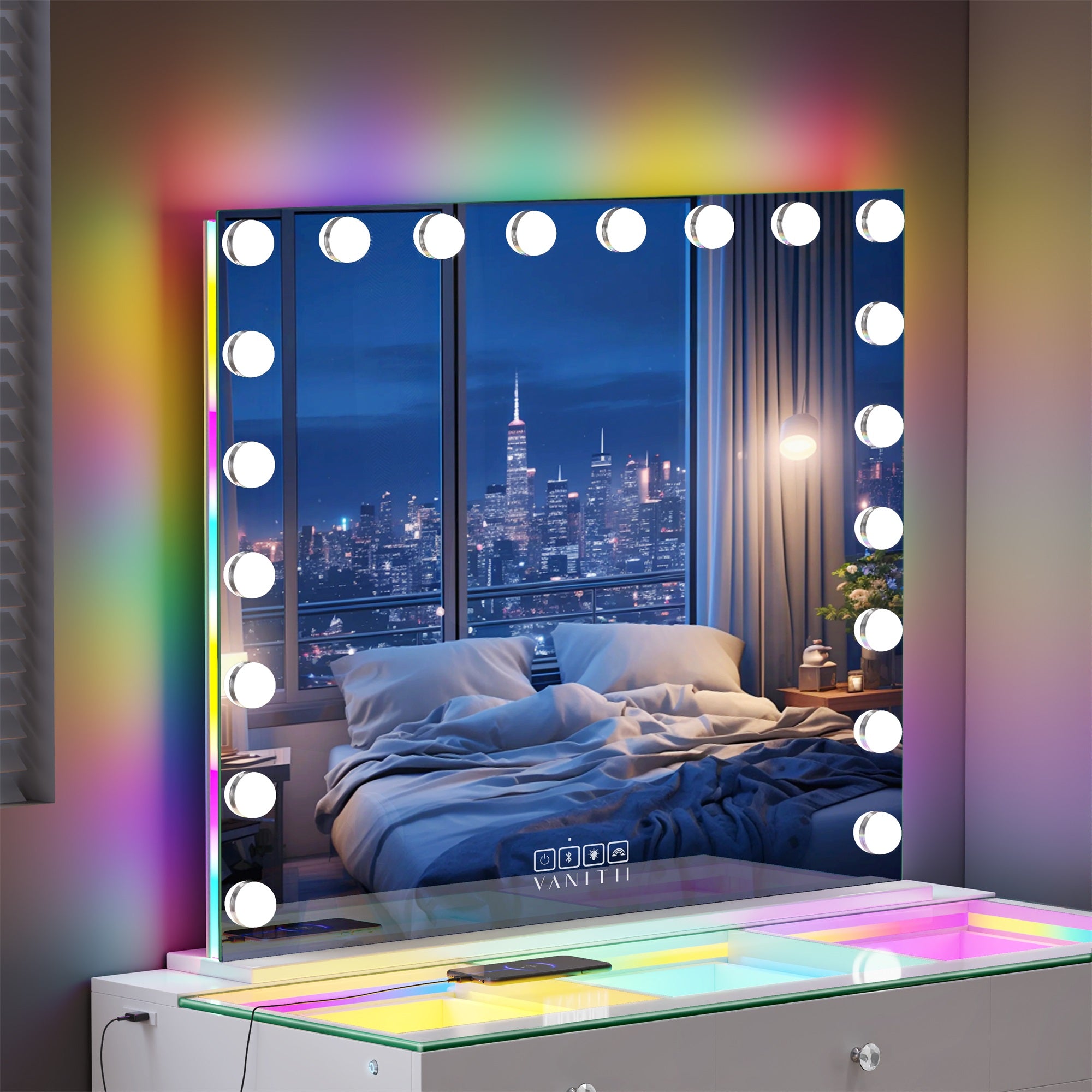 RGB Speaker Mirror | 18 Hollywood LED Bulbs & Touch Controls