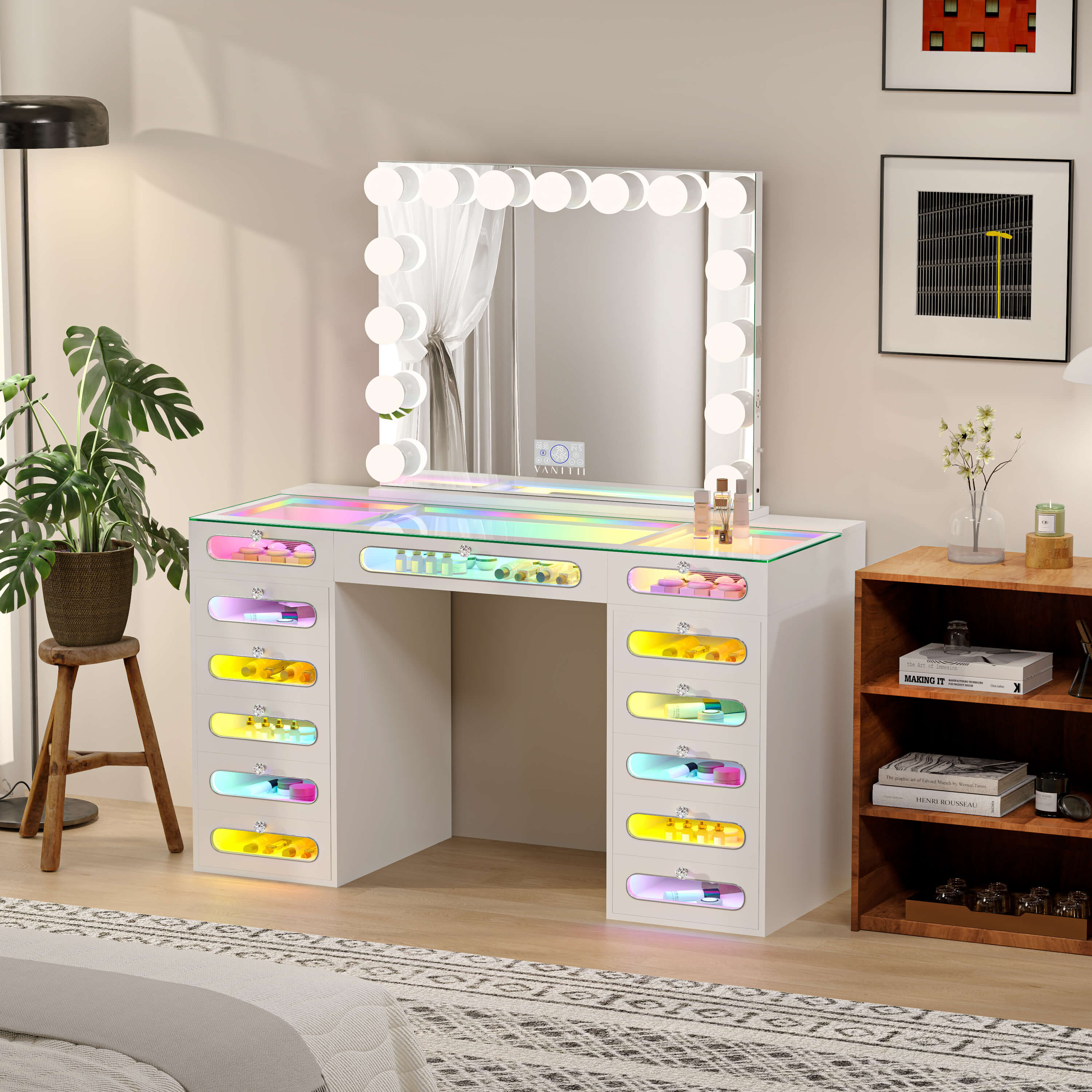 VANITII Priscilla Vanity Desk Set With 13 Drawers & 15 LED Bulbs Mirror