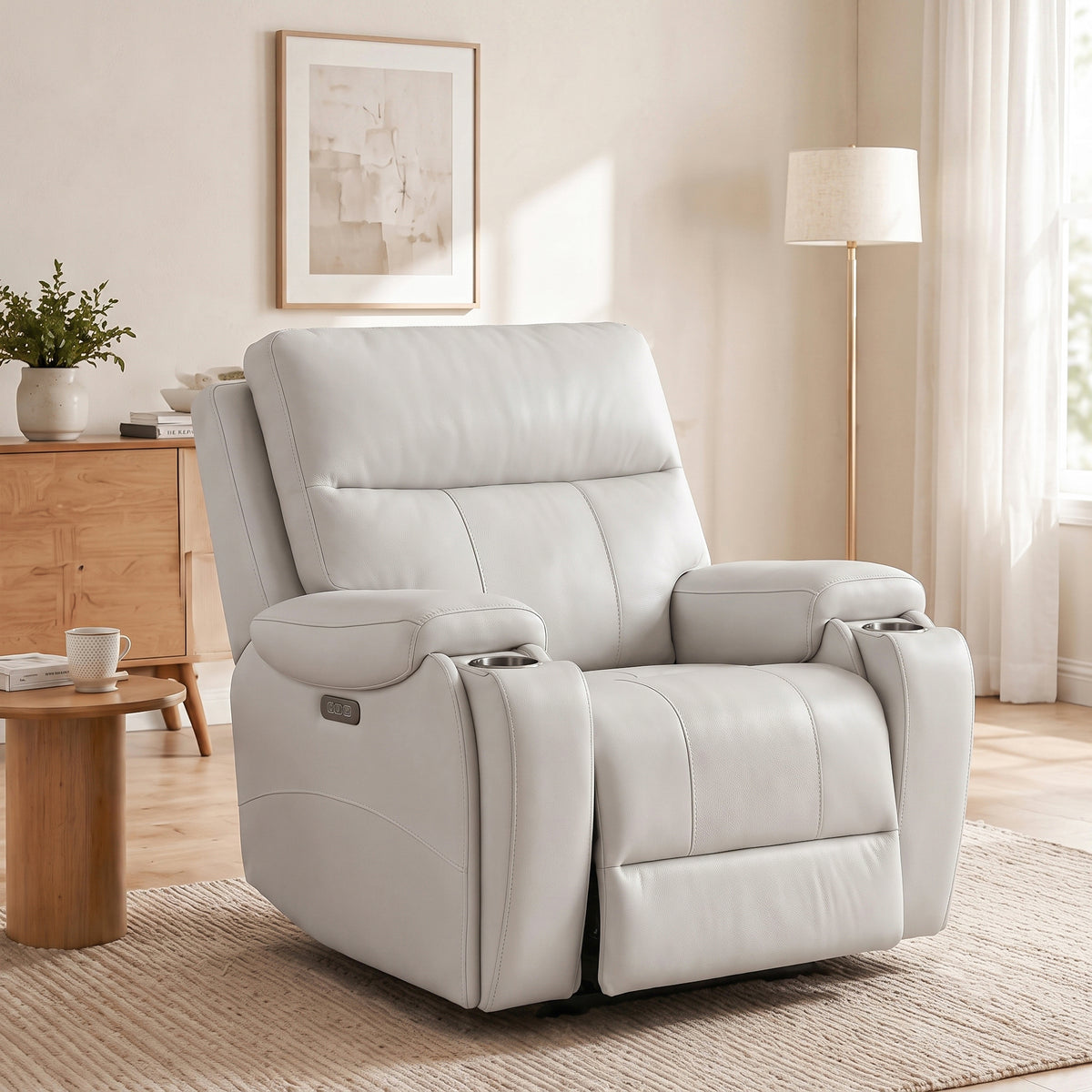 Side view of the white power zero gravity recliner chair in modern living room