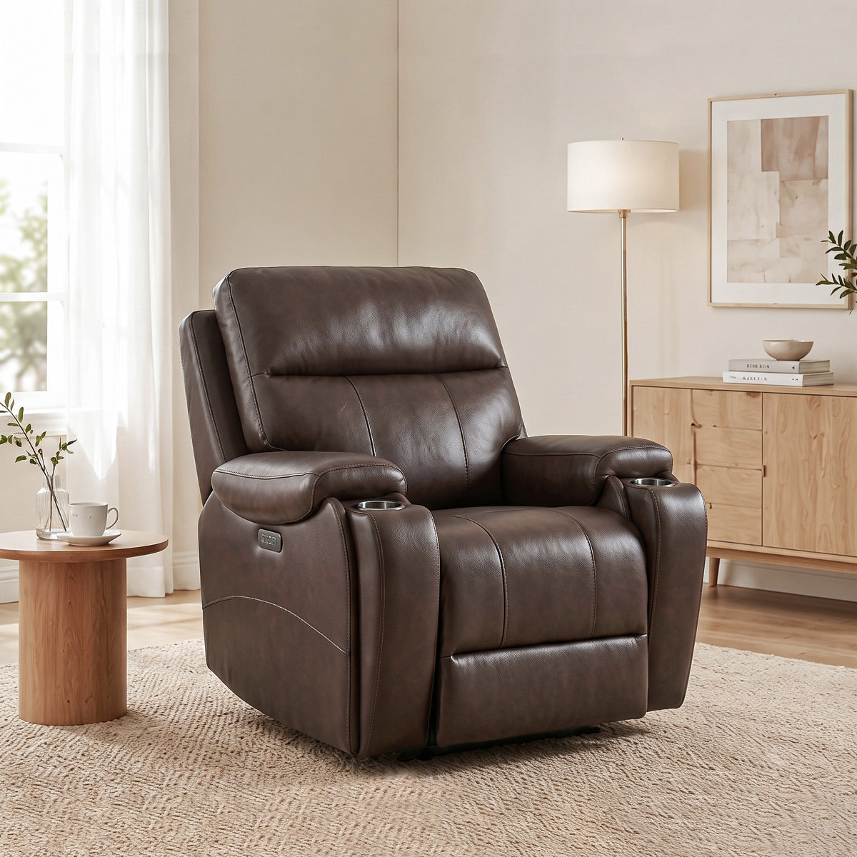 Side view of the brown power zero gravity recliner chair in modern living room