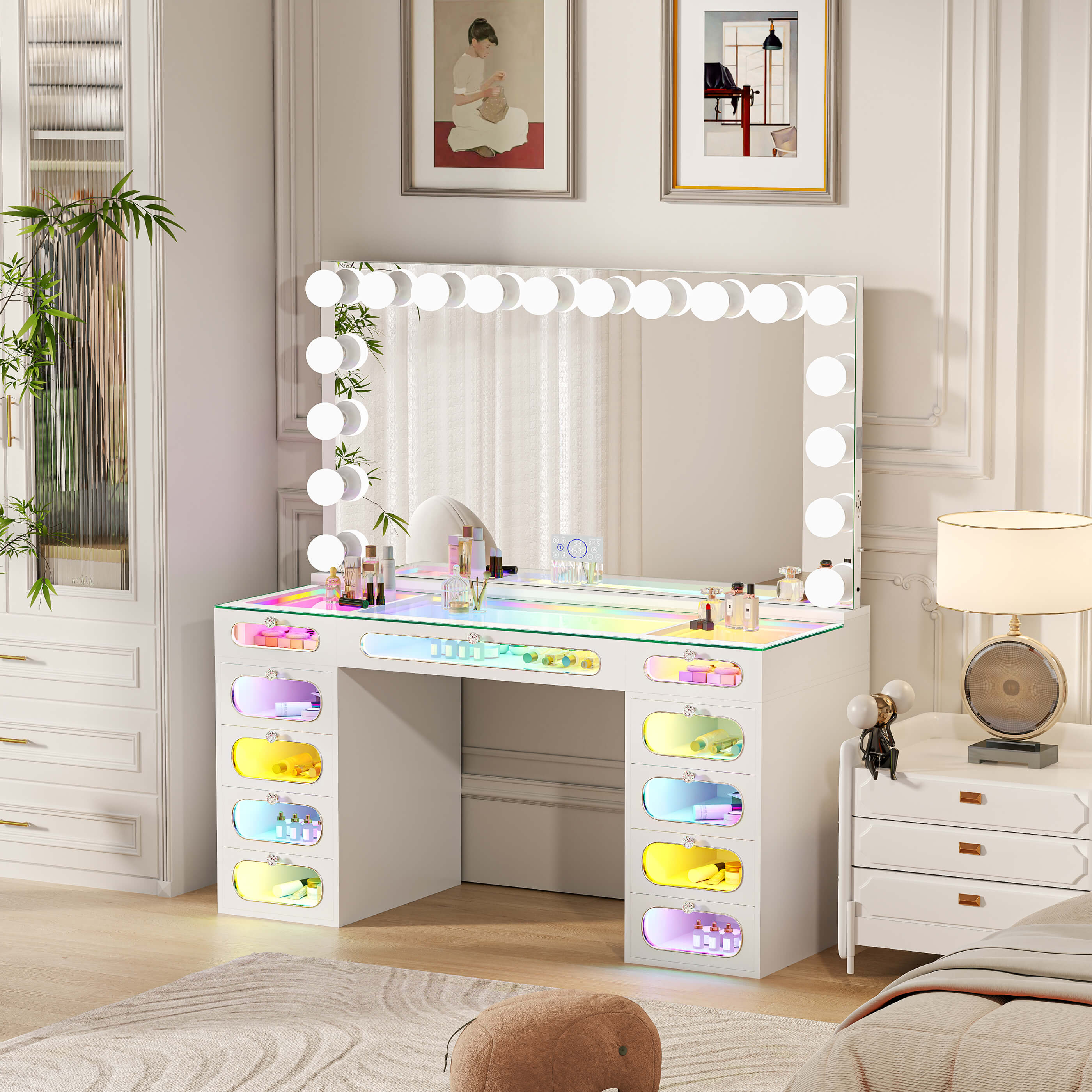 VANITII Priscilla Makeup Vanity Desk Set with 11 Drawers & 18 LED Bulbs Mirror