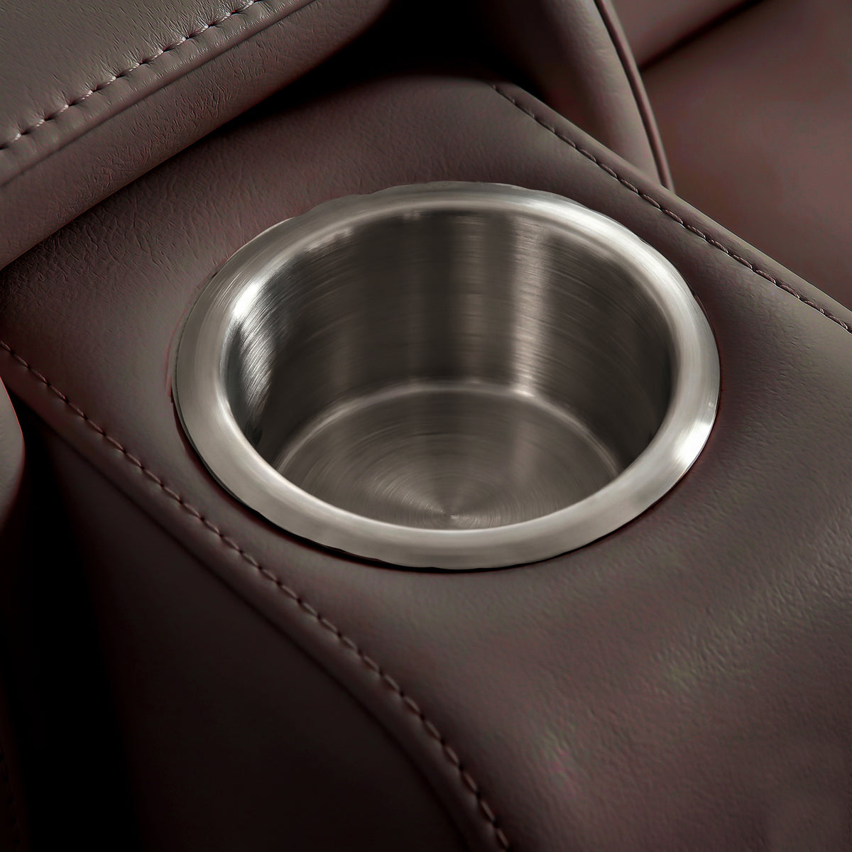 Close-up of the hidden stainless steel cup holder