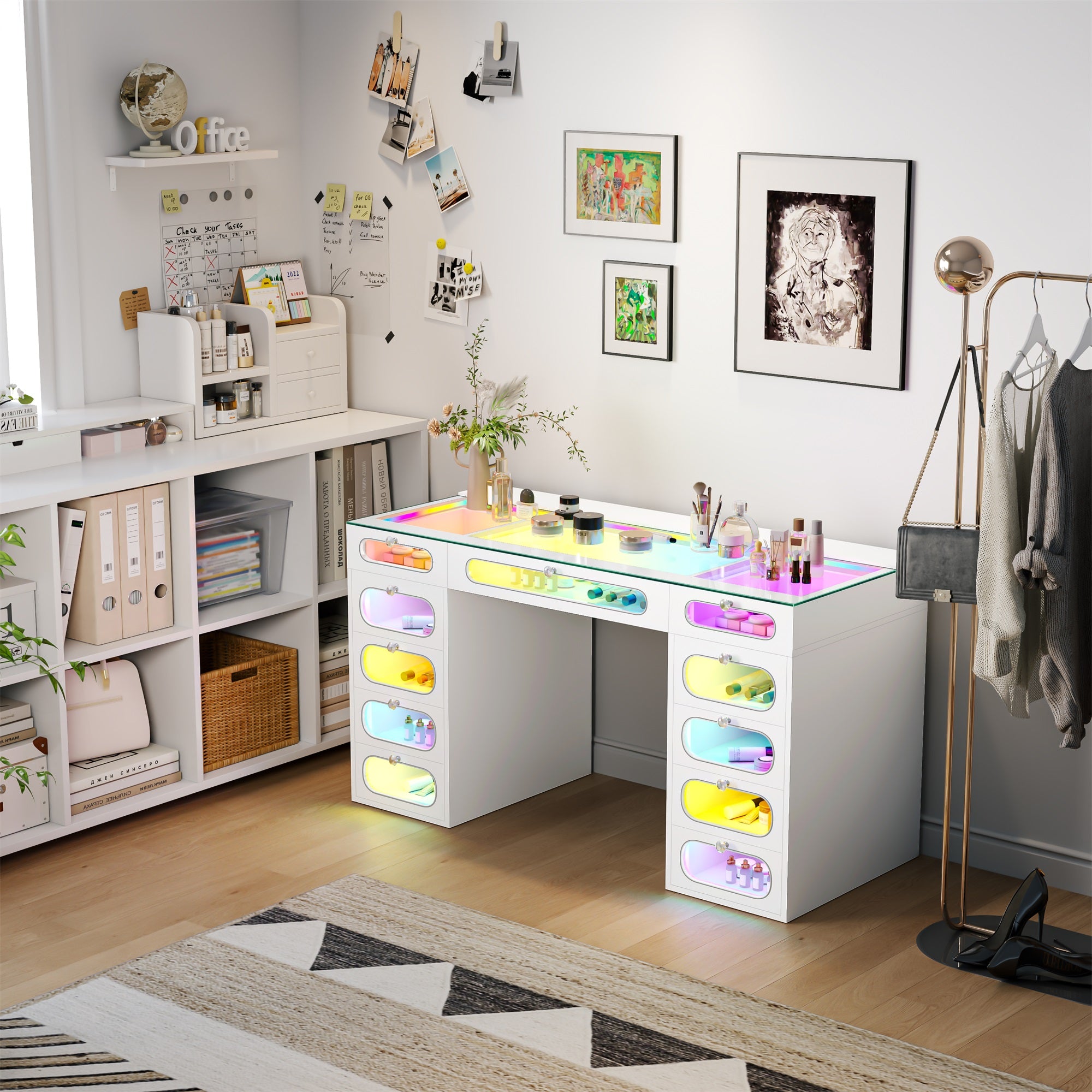 New Release ! VANITII Priscilla Vanity Desk-11 Glass Fronted Drawers with Crystal Handles