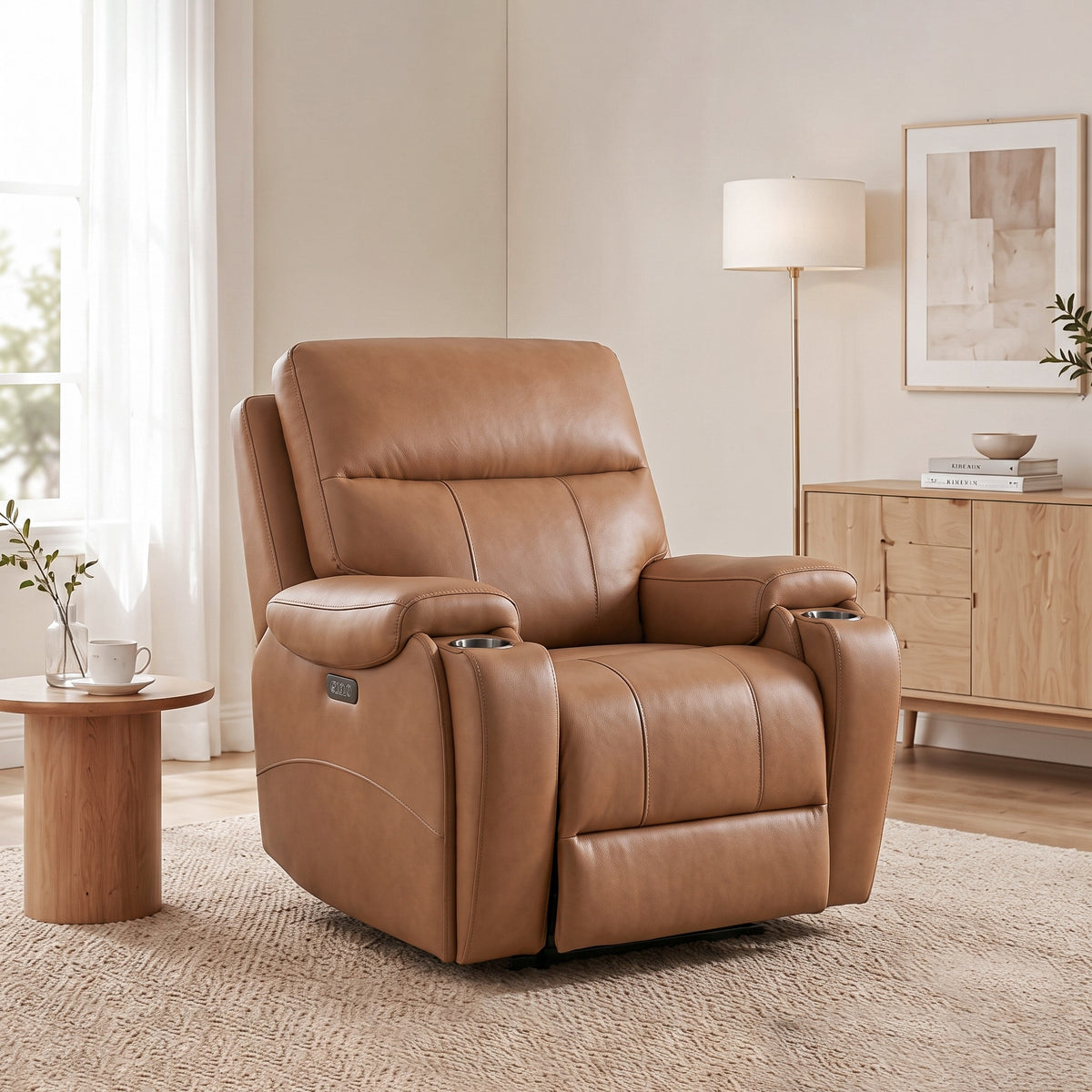 Side view of the saddle power zero gravity recliner chair in modern living room