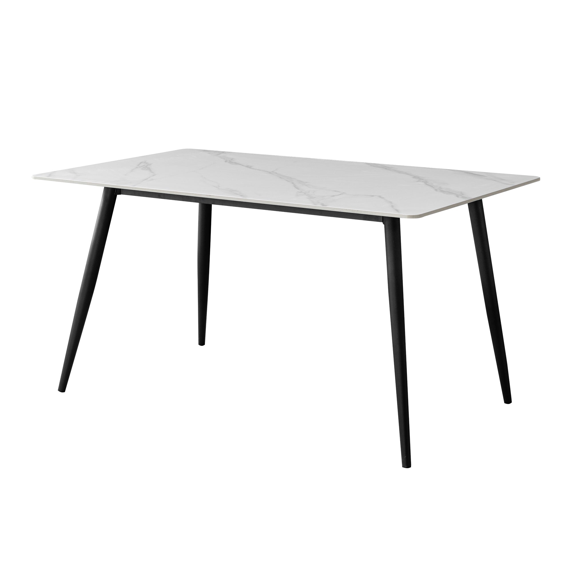 White Faux Marble Dining Table - 4-Seater Rectangular Table with Black Metal Legs