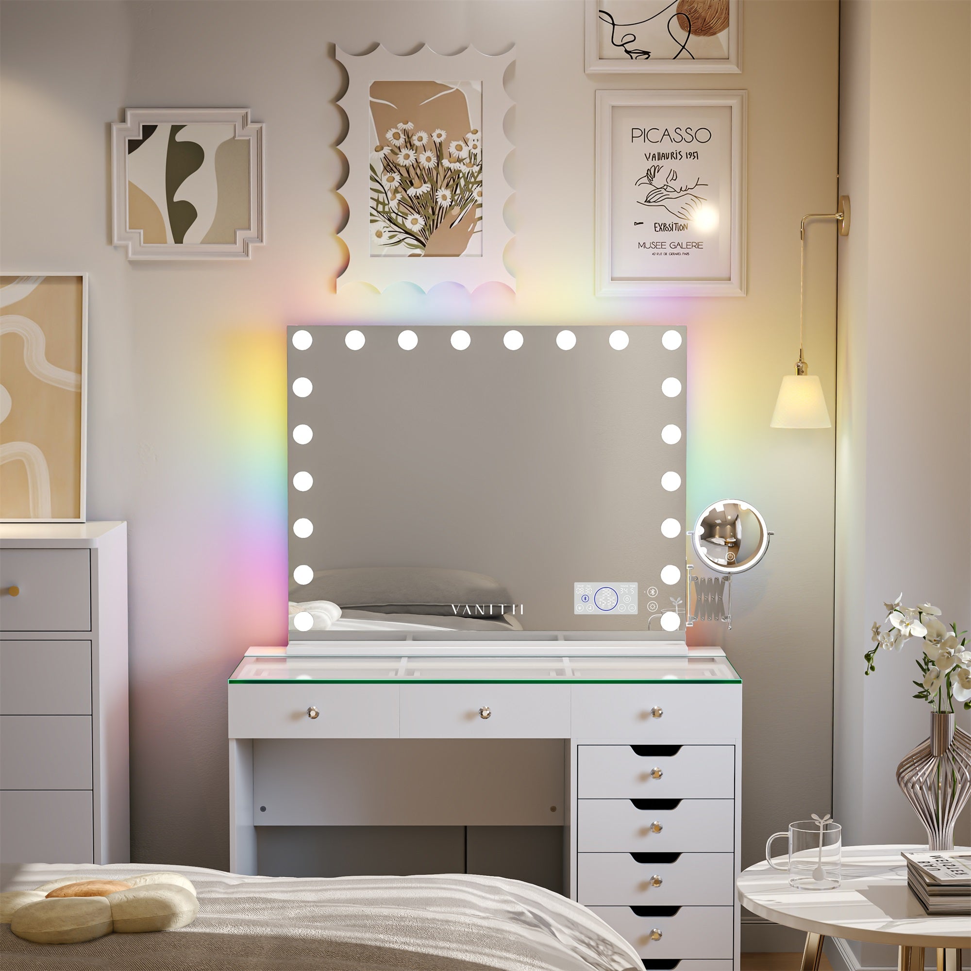 VANITII Hollywood 20 Bulbs Light Mirror features touch sensor control,10X extendable LED magnifier,built-in Bluetooth speaker and RGB lighting.It is placed in the bedroom, both beautiful and practical.