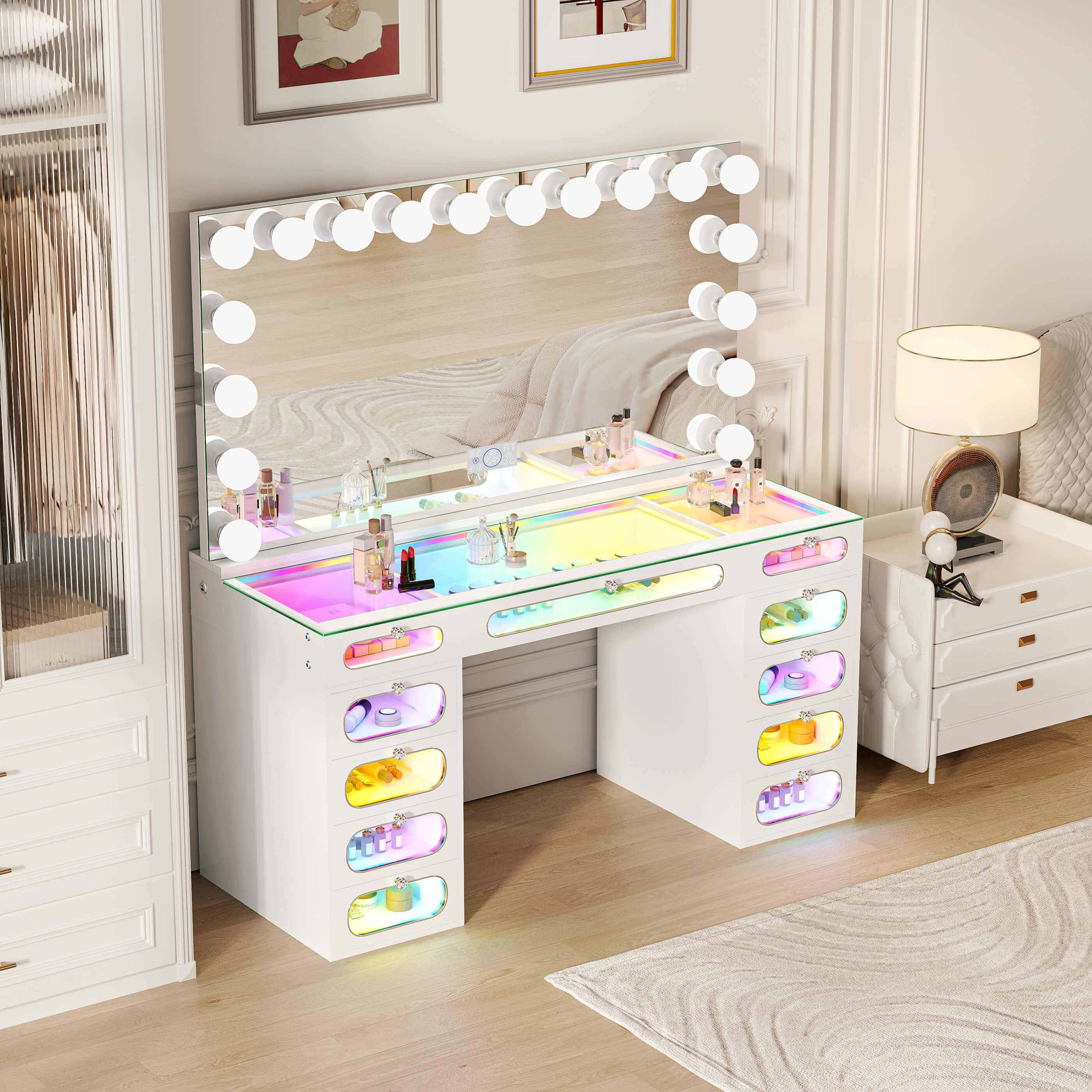 VANITII Priscilla Makeup Vanity Desk Set with 11 Drawers & 18 LED Bulbs Mirror
