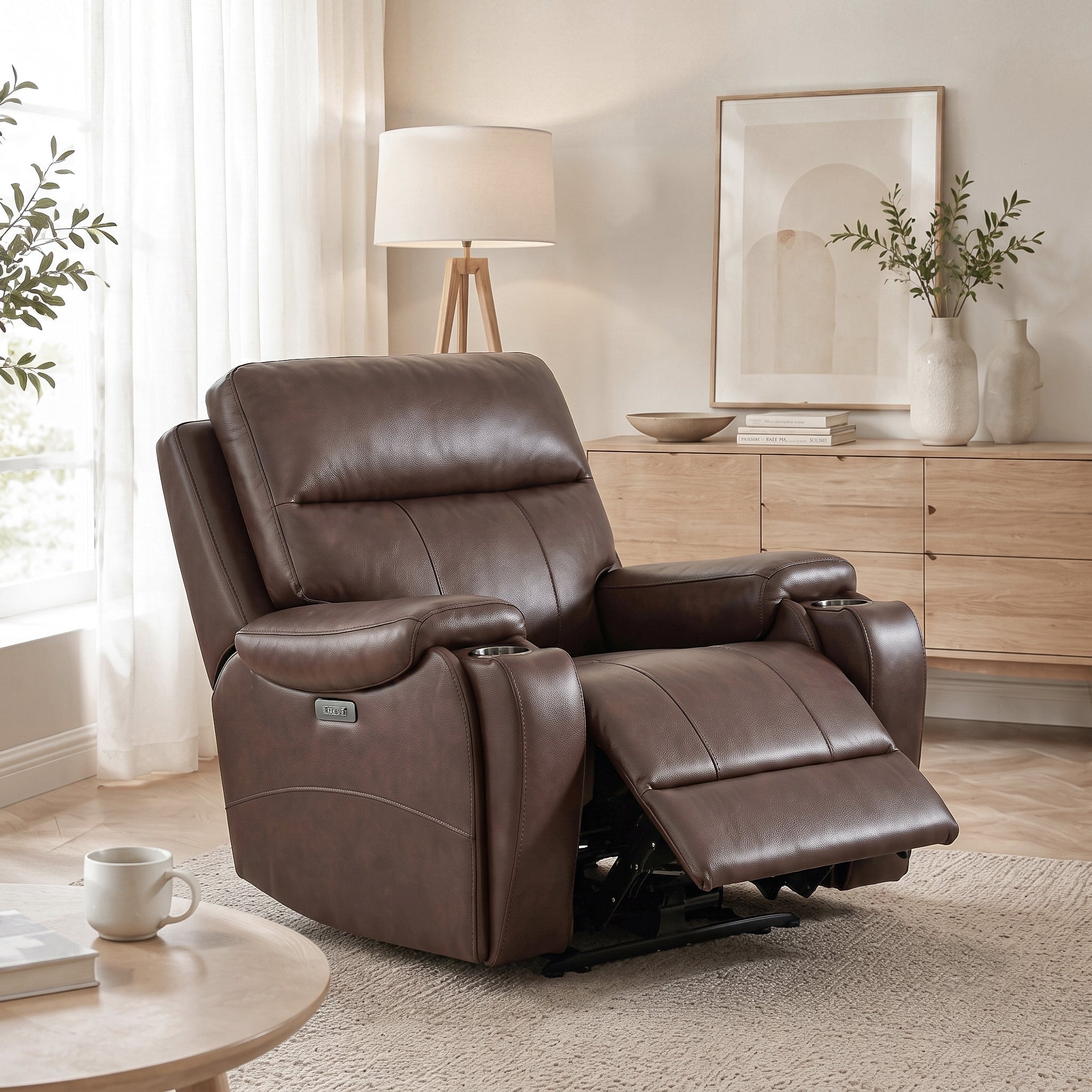 Brown power zero gravity recliner chair for modern living room：adjustable power headrest，adjustable backrest & footrest，built-in USB and Type-C charging ports，hidden cup holders on both sides