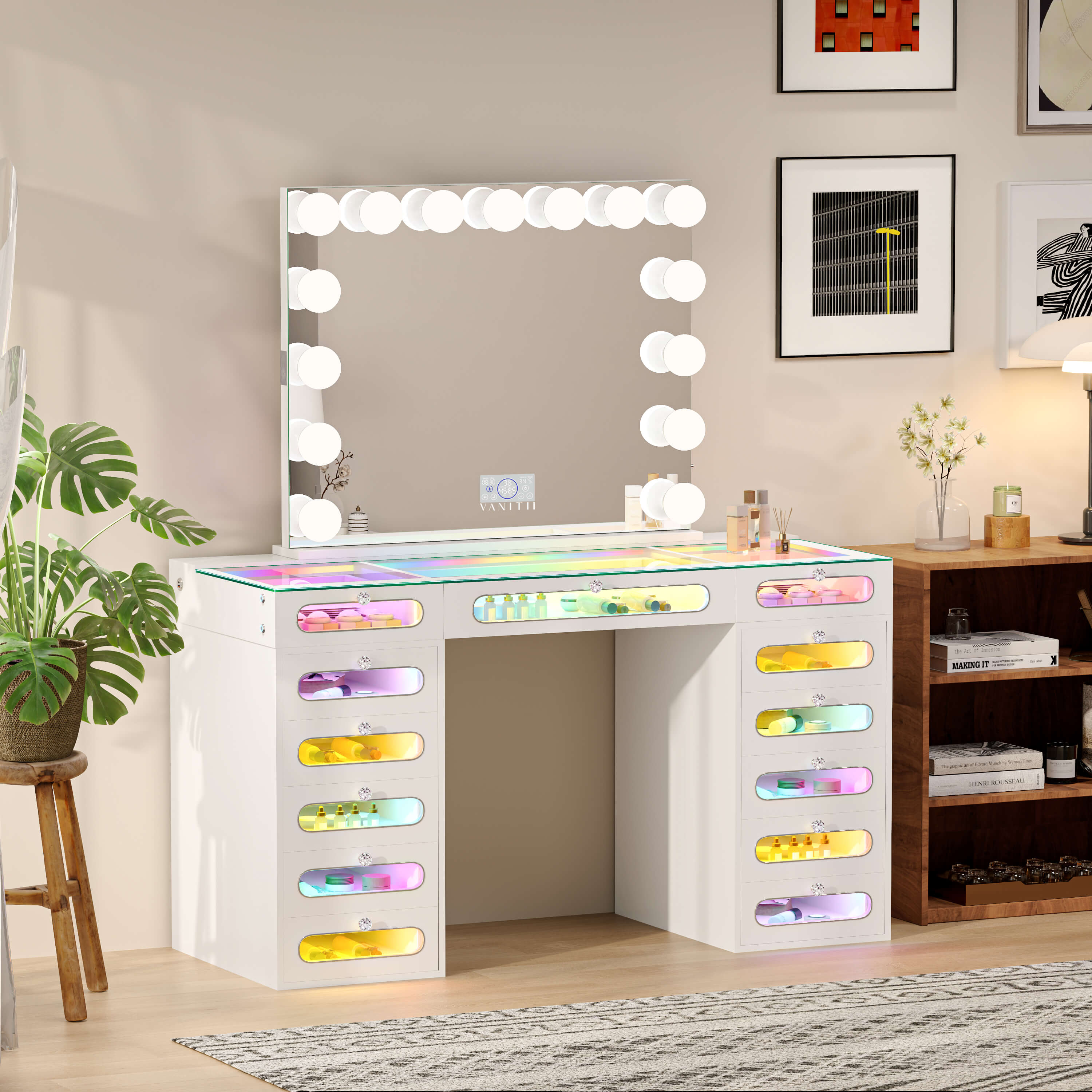 VANITII Priscilla Vanity Desk Set With 13 Drawers & 15 LED Bulbs Mirror
