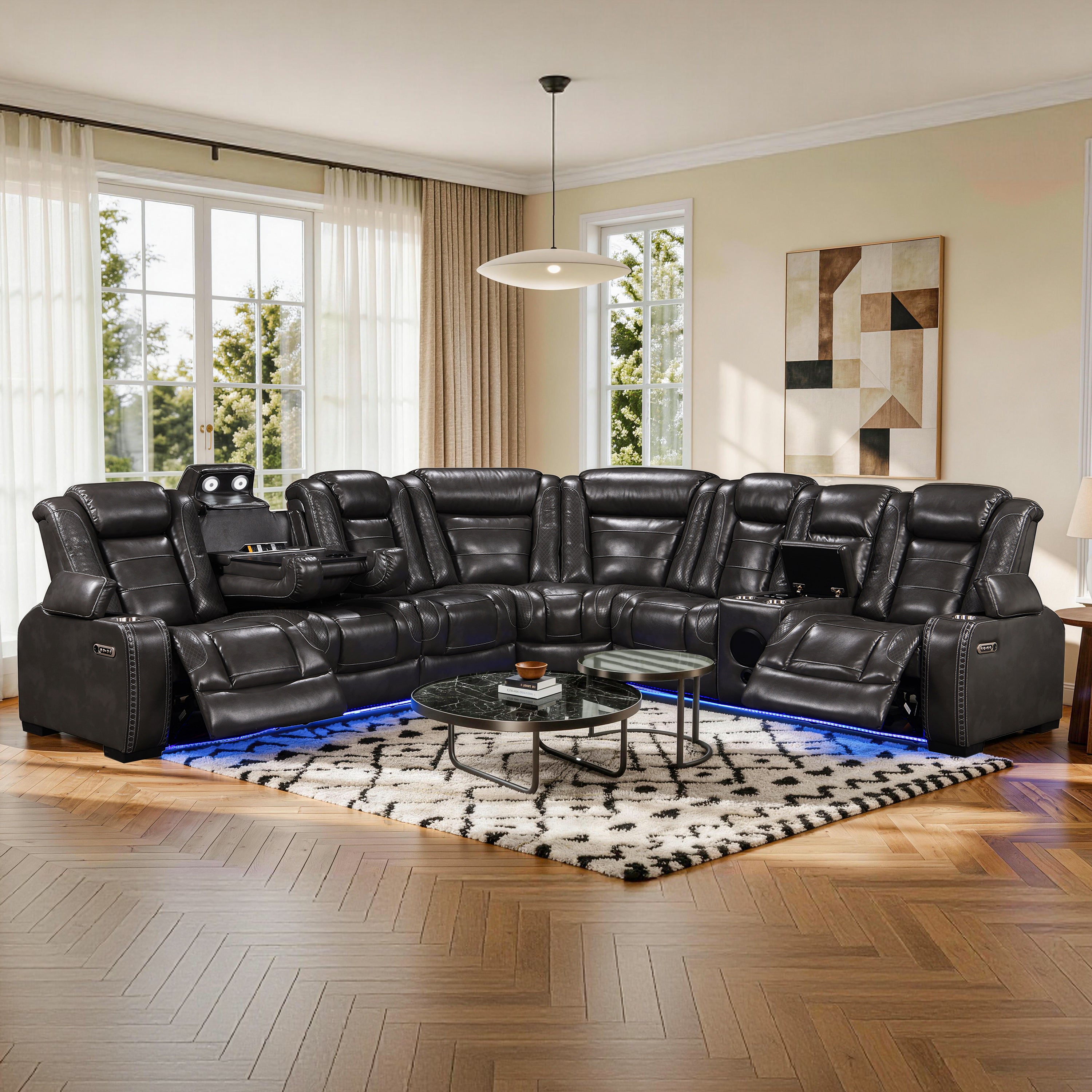 Power Recliner Sectional is placed in the living room,being both beautiful and practical.