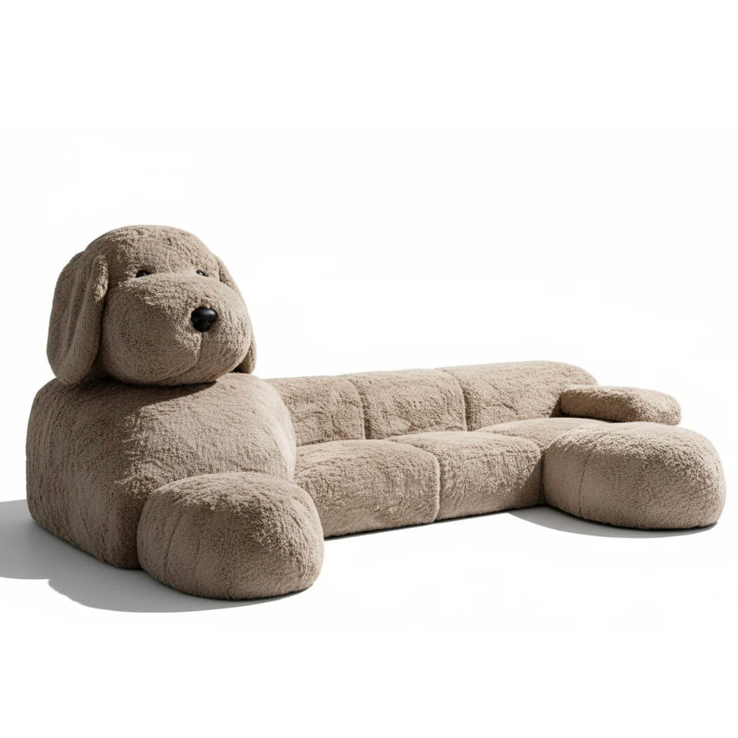 The side view of the oversized plush dog-shaped sofa