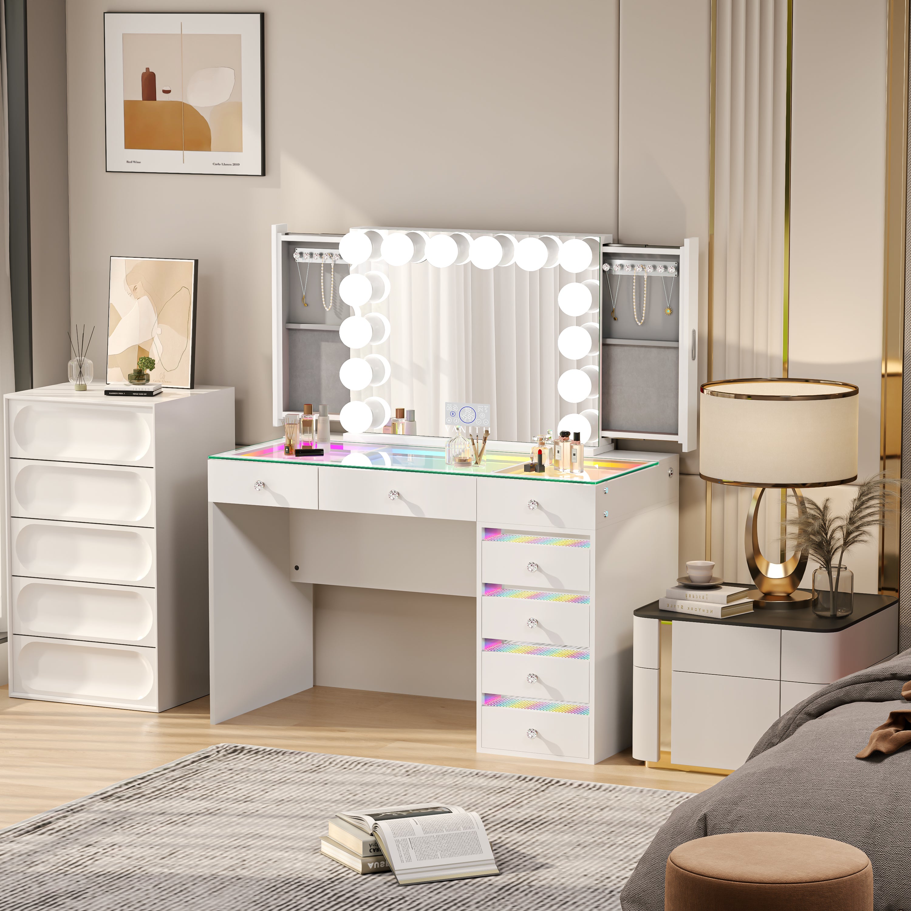 The VANITII Fenair Vanity Desk Set features a 14 LED Light Bulbs , Mirror with Hidden Side Jewelry Racks，7 crystal-knob drawers,USB&Type-C Ports and built-in Bluetooth Speaker. It adopts a simple white design, and it place in the bedroom perfectly combining beauty and functionality.