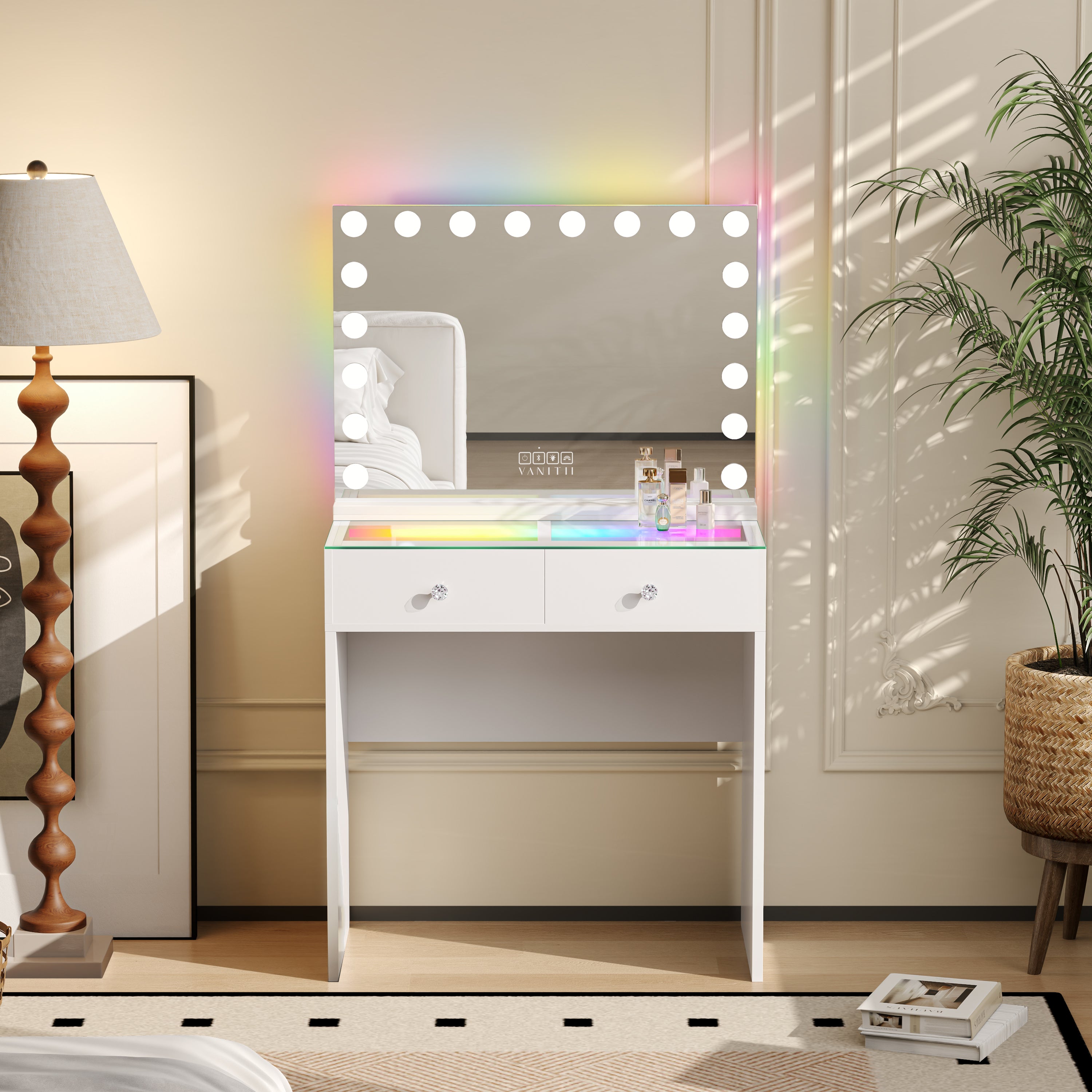 The VANITII Scarlet Vanity Desk Set features a mirror with 18 LED Light Bulbs,2 crystal-knob drawers,smart touch control,USB&Type-C Ports and built-in Bluetooth Speaker. It adopts a simple white design, and it place in the bedroom perfectly combining beauty and functionality.