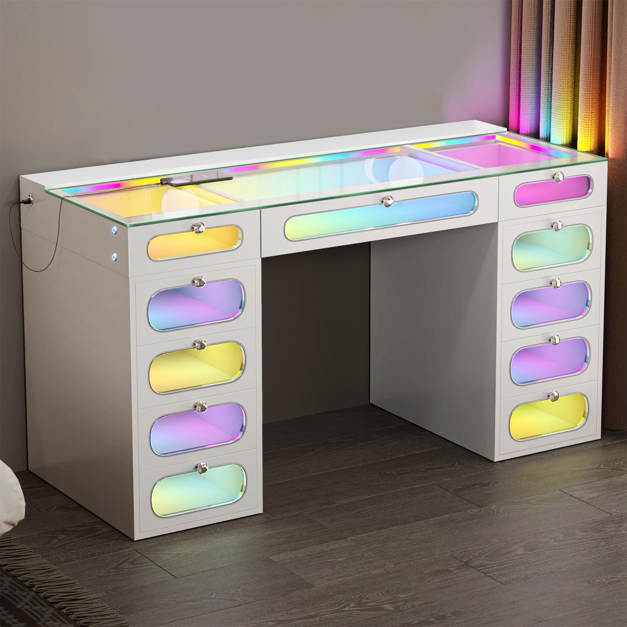 New Release ! VANITII Priscilla Vanity Desk-11 Glass Fronted Drawers with Crystal Handles