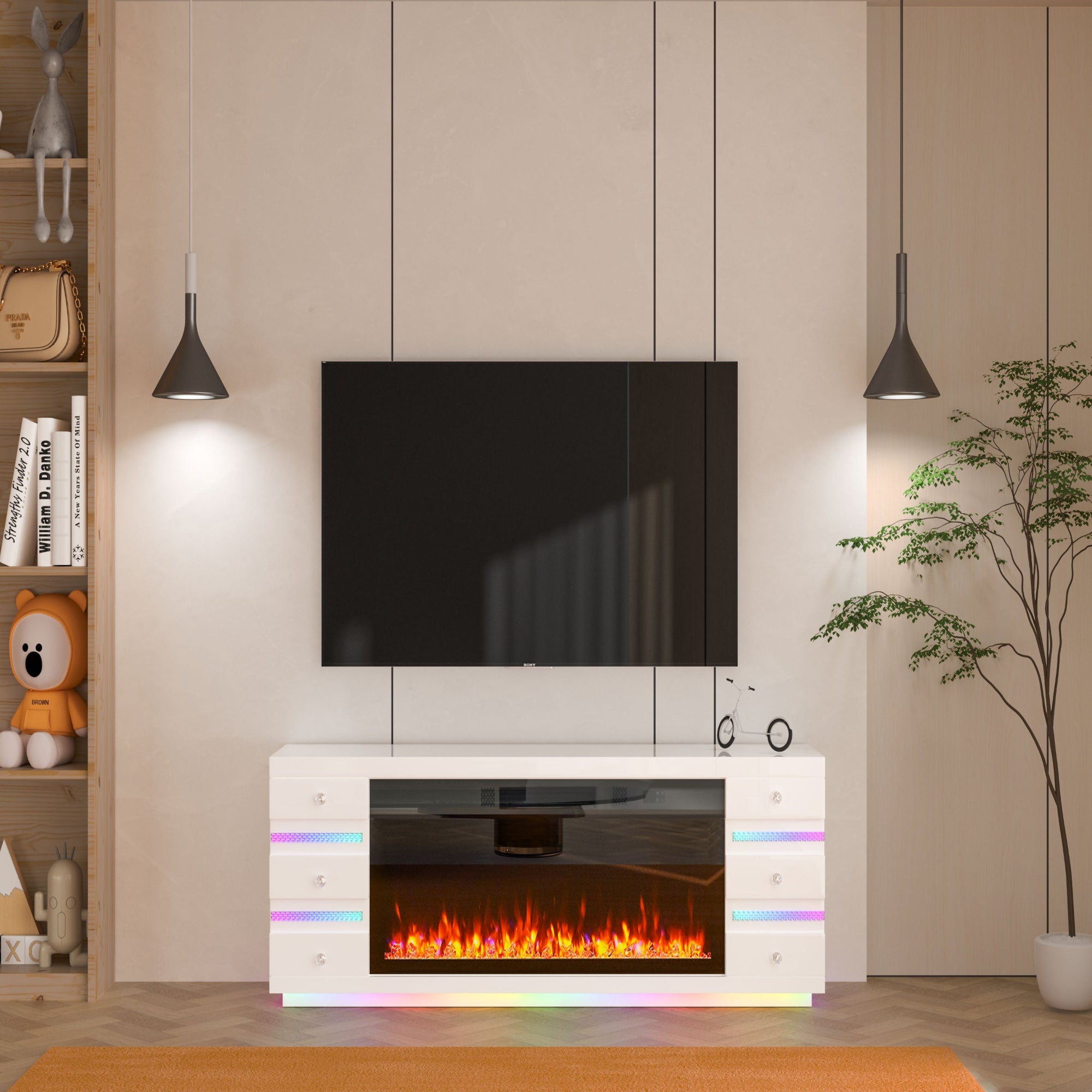 Modern living room with a TV mounted on the wall above a white entertainment console with a fire simulation display.