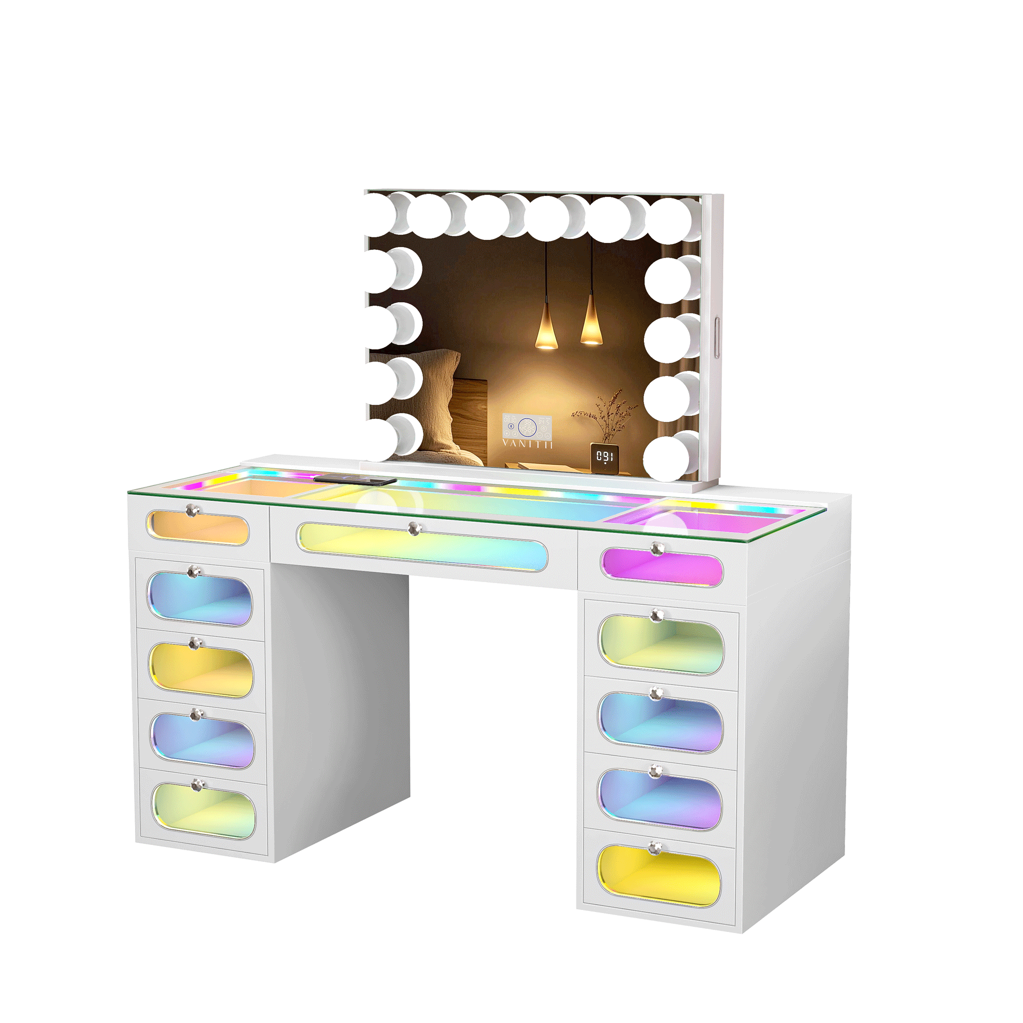 New Release ! VANITII Priscilla Vanity Set with Hollywood Vanity Mirror Pro with Jewelry Cabinet