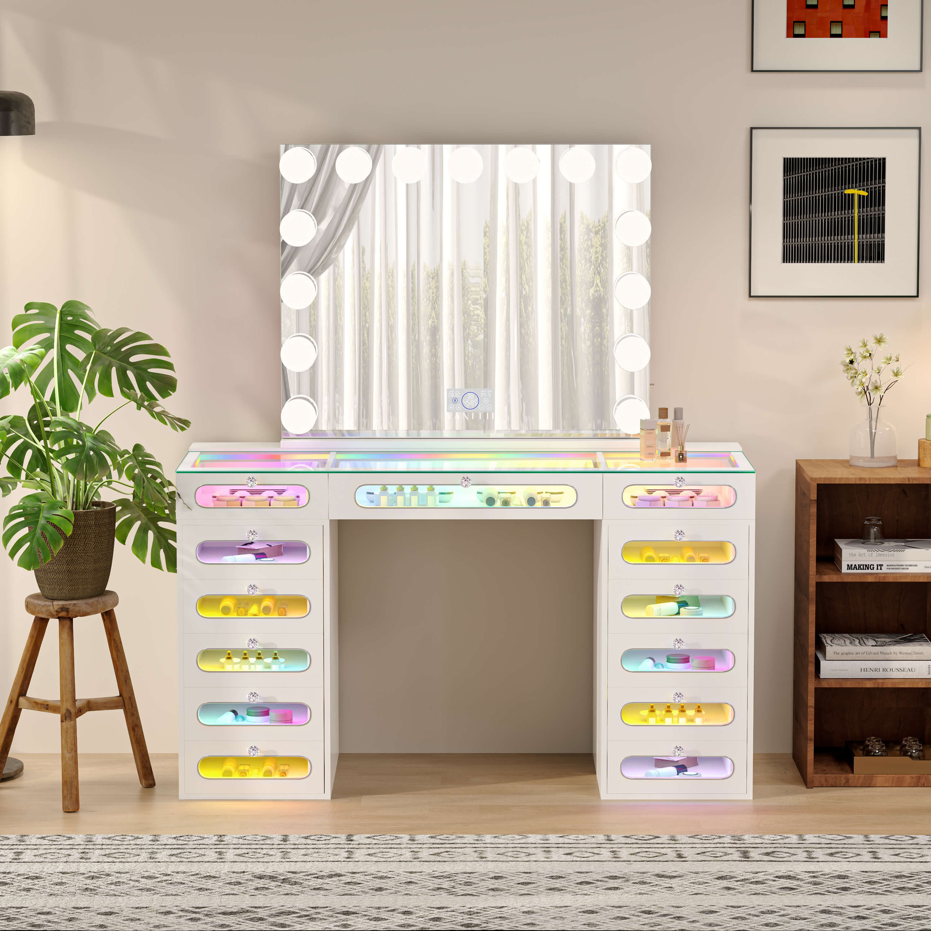 VANITII Priscilla Vanity Desk Set With 13 Drawers & 15 LED Bulbs Mirror