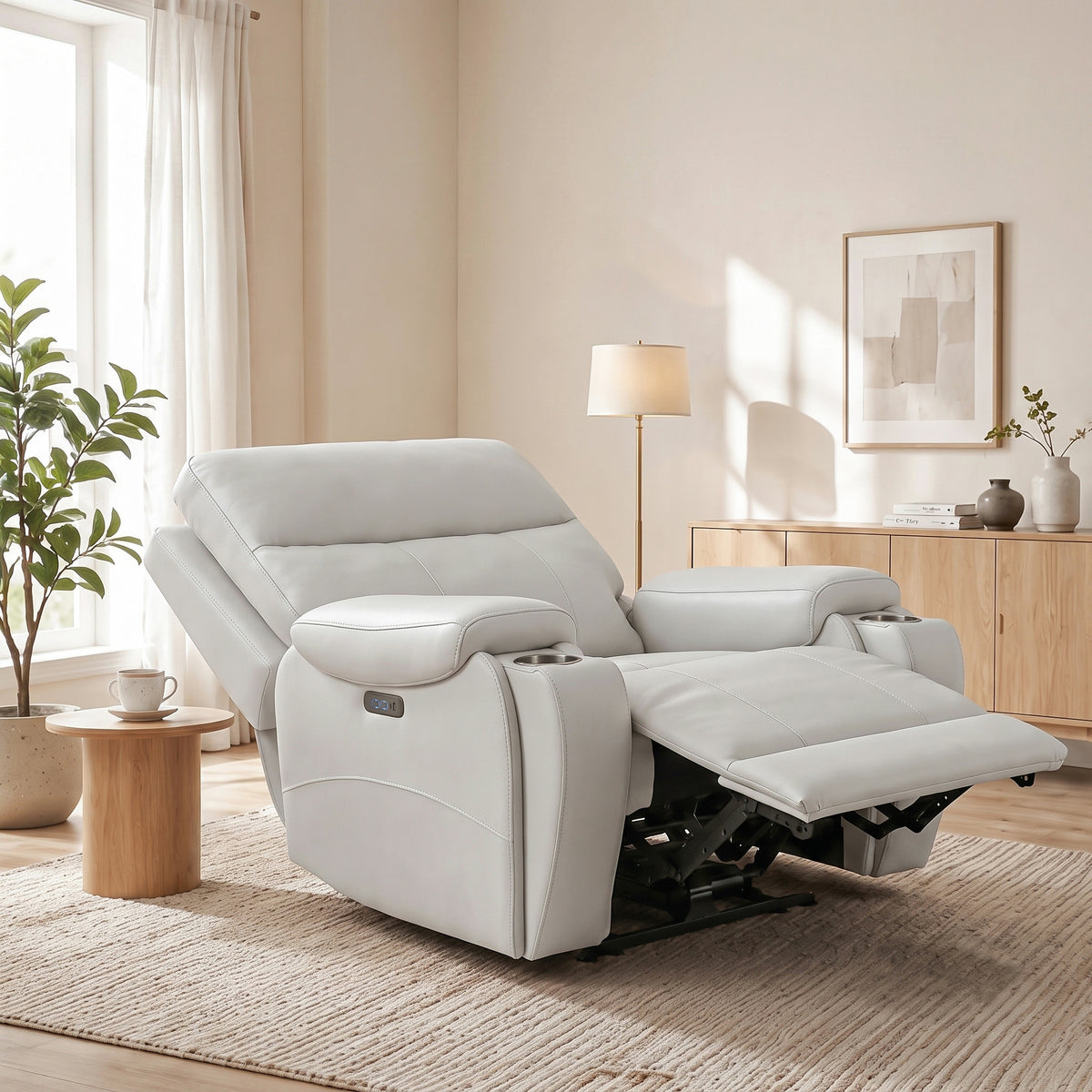 White power zero gravity recliner chair for modern living room：adjustable power headrest，adjustable backrest & footrest，built-in USB and Type-C charging ports，hidden cup holders on both sides