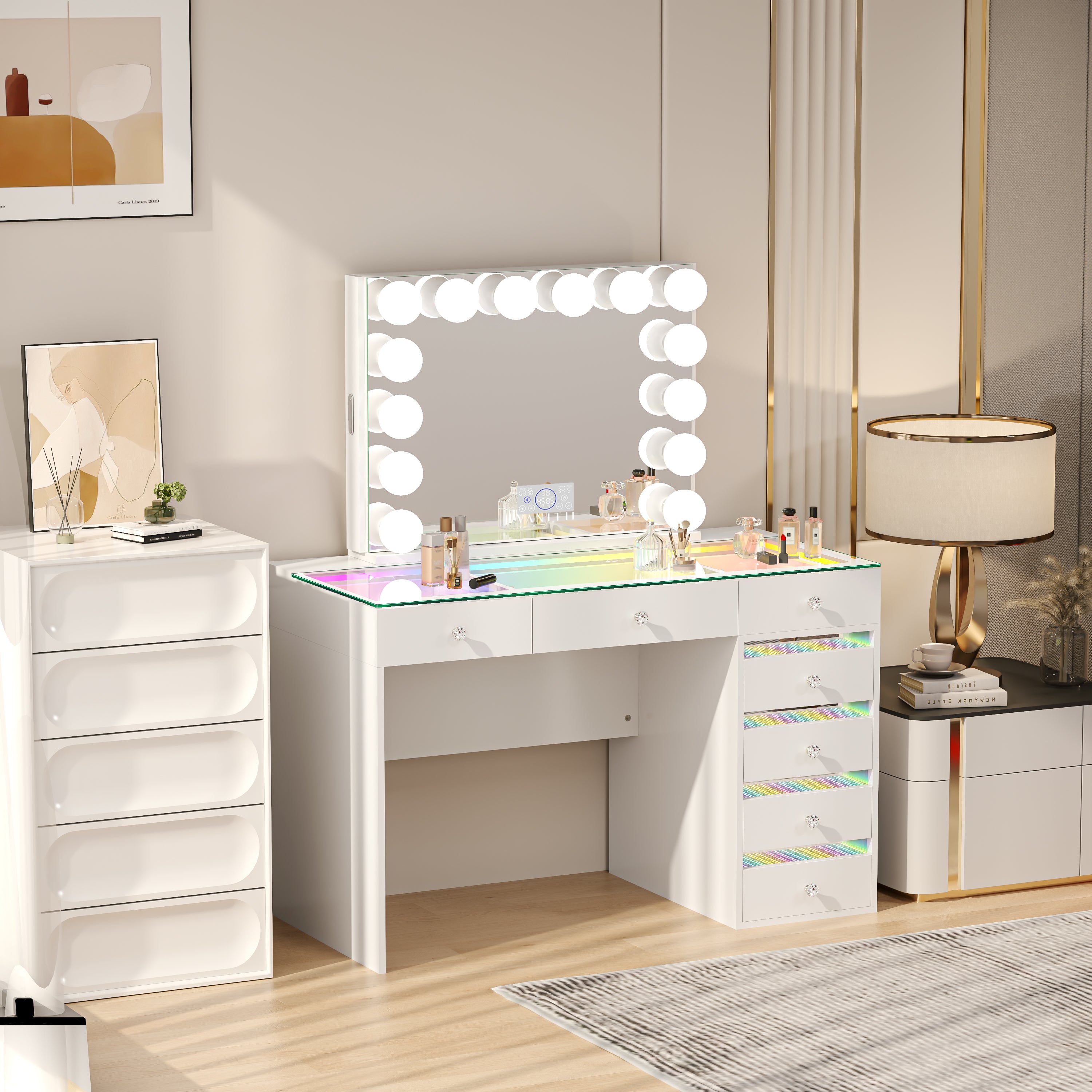 The VANITII Fenair Vanity Desk Set features a 14 LED Light Bulbs , Mirror with Hidden Side Jewelry Racks，7 crystal-knob drawers,USB&Type-C Ports and built-in Bluetooth Speaker. It adopts a simple white design, and it place in the bedroom perfectly combining beauty and functionality.