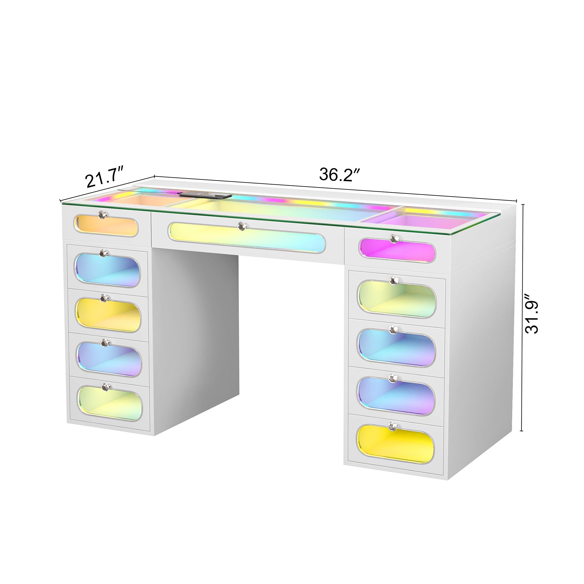 New Release ! VANITII Priscilla Vanity Desk-11 Glass Fronted Drawers with Crystal Handles