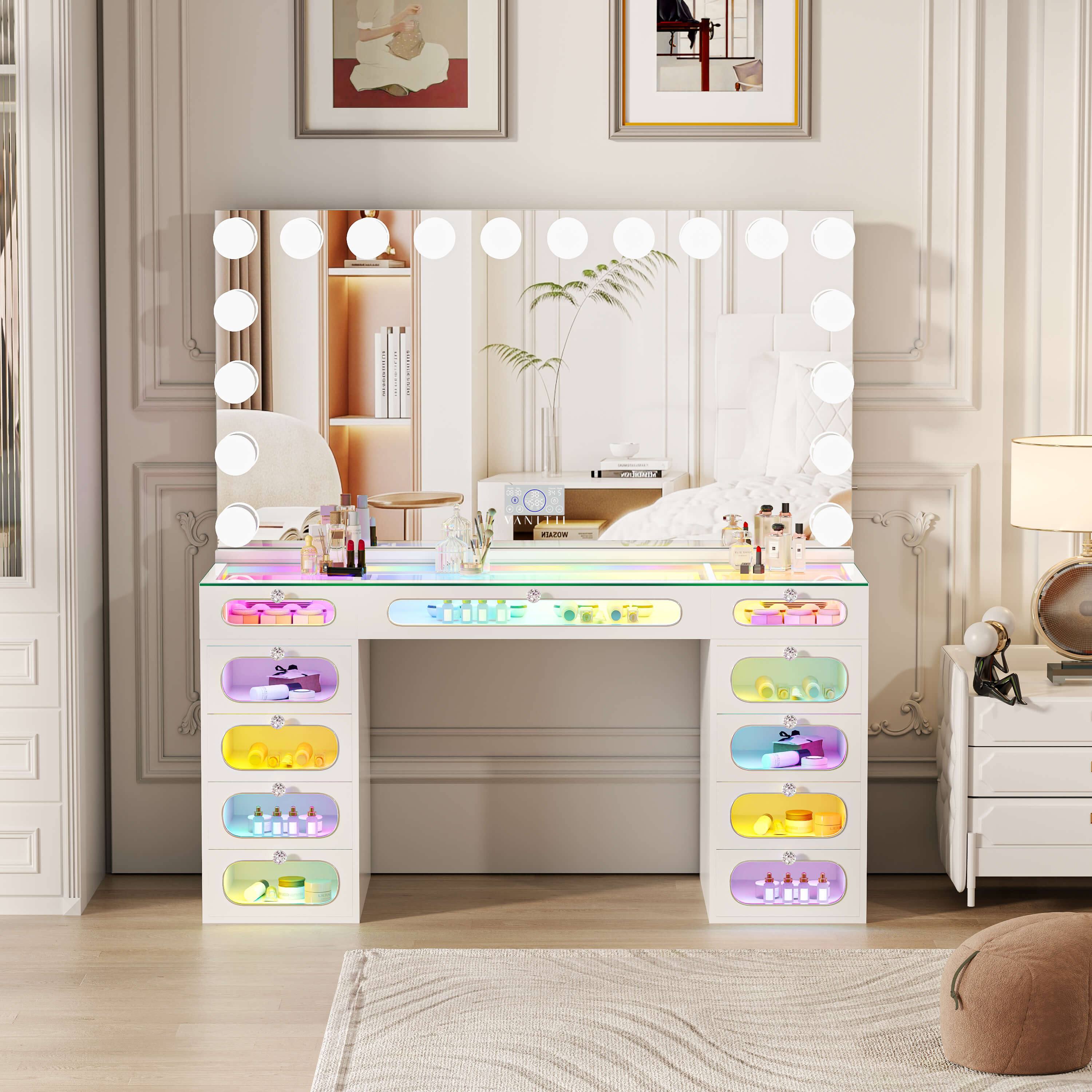 VANITII Priscilla Makeup Vanity Desk Set with 11 Drawers & 18 LED Bulbs Mirror