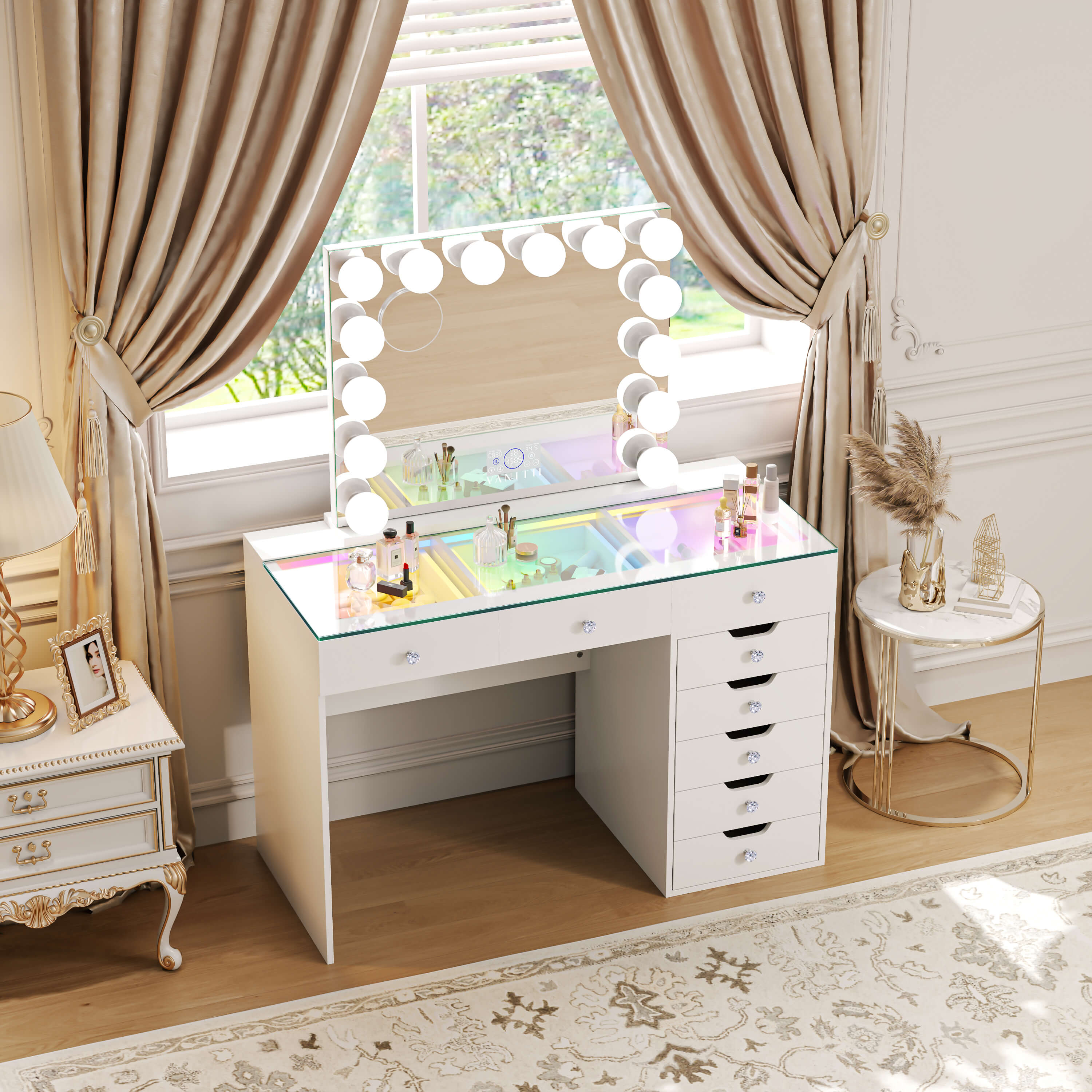 Promotion Deal!VANITII Diana Vanity Desk Set- 8 Storage Drawers with Vanity Mirror