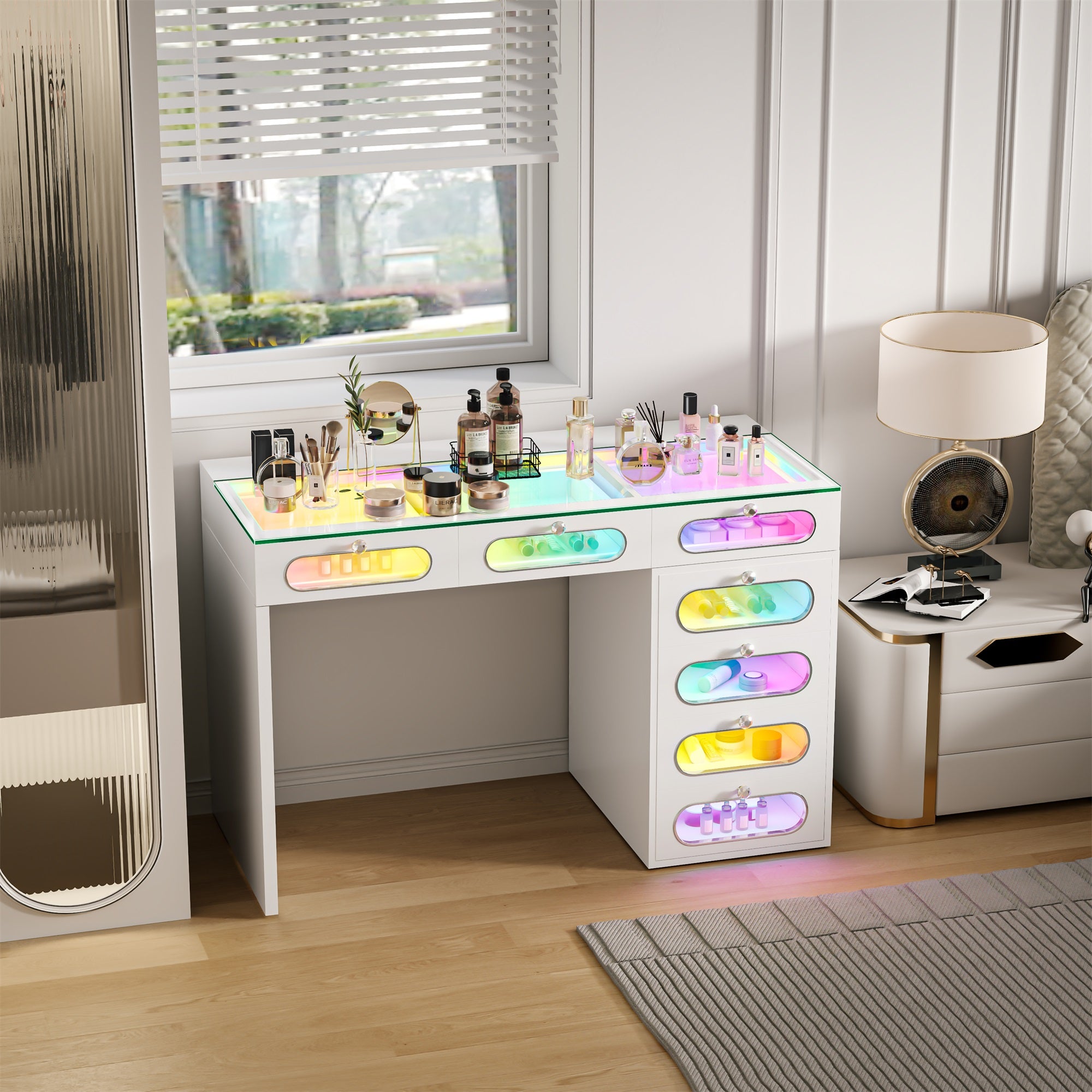 New Release ! VANITII 7 Glass Fronted Drawers with Crystal Handles