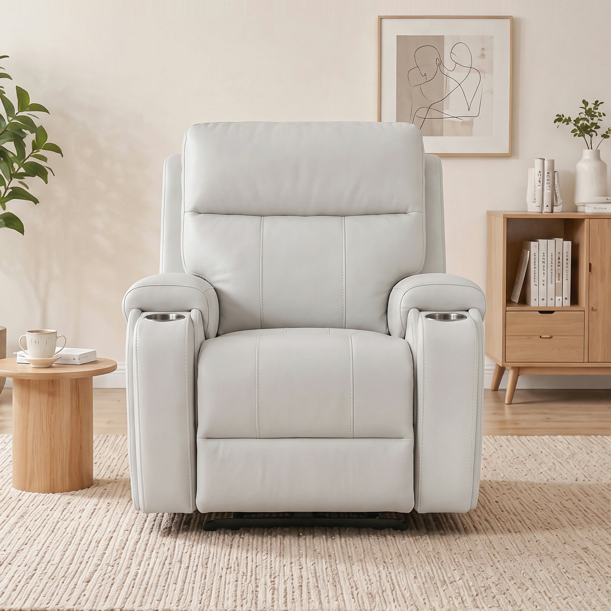 Front view of the white power zero gravity recliner chair in modern living room