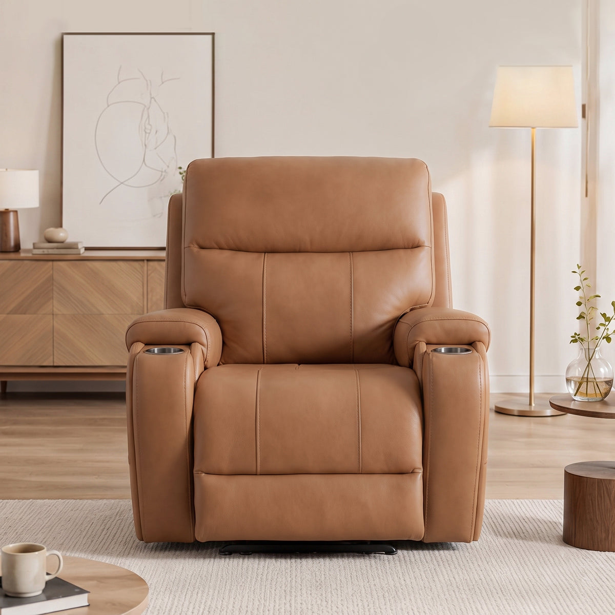 Front view of the saddle power zero gravity recliner chair in modern living room