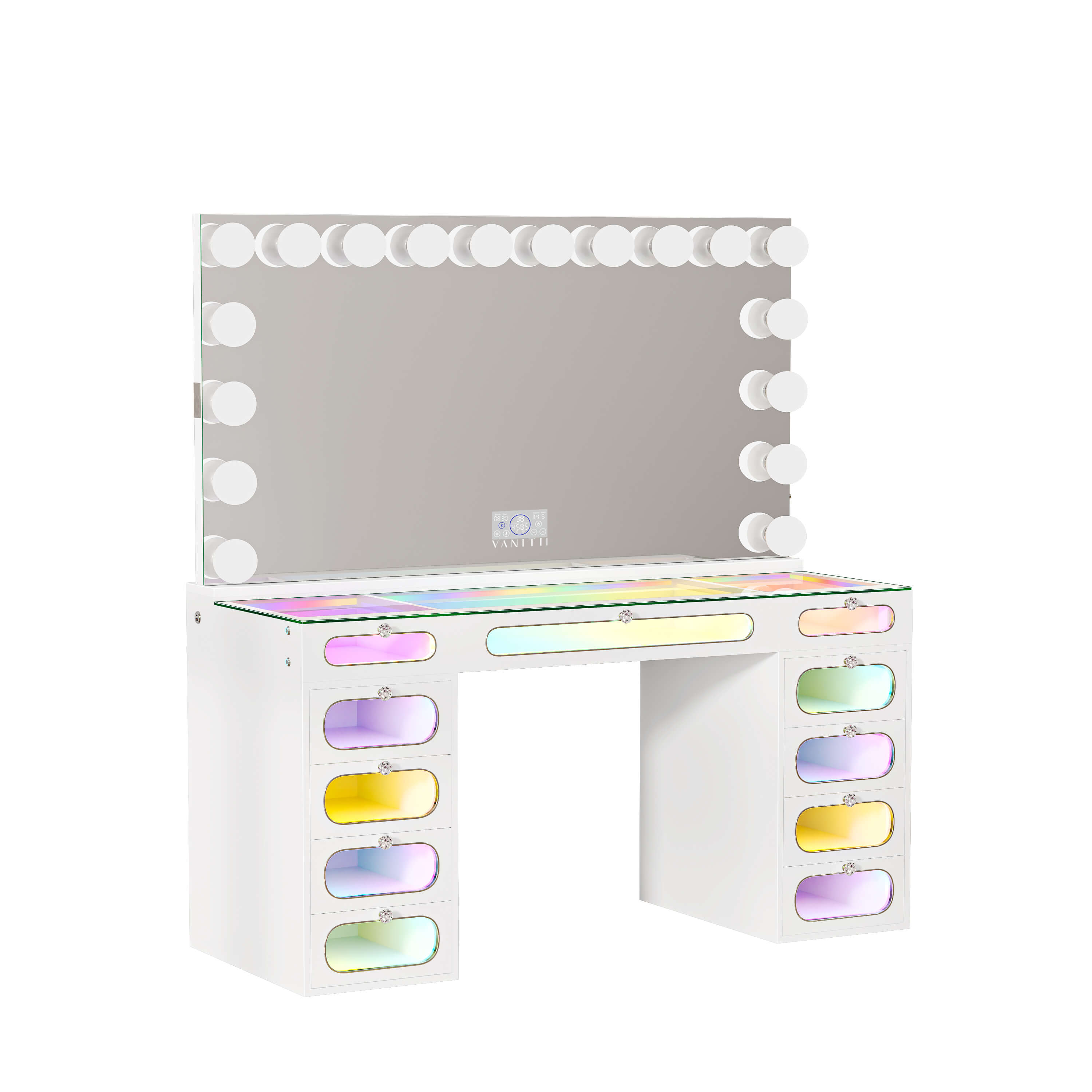 VANITII Priscilla Makeup Vanity Desk Set with 11 Drawers & 18 LED Bulbs Mirror
