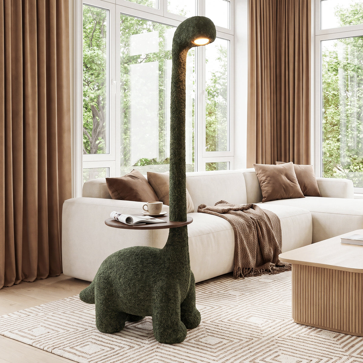 Cute Leisure Side Table - 3-in-1 Plush Dinosaur End Table with Wooden Tray