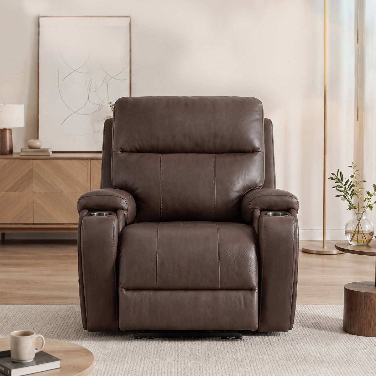 Front view of the brown power zero gravity recliner chair in modern living room