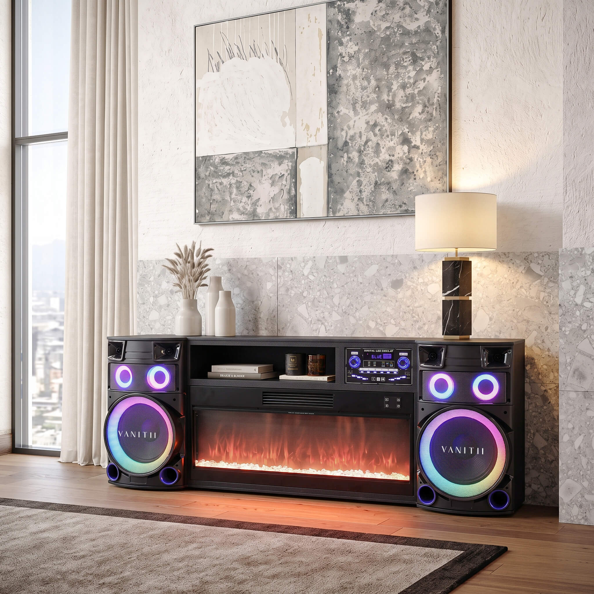 VANITII Smart Fireplace & Sound Station with Bluetooth Speakers & LED Lights thumbnail view 2