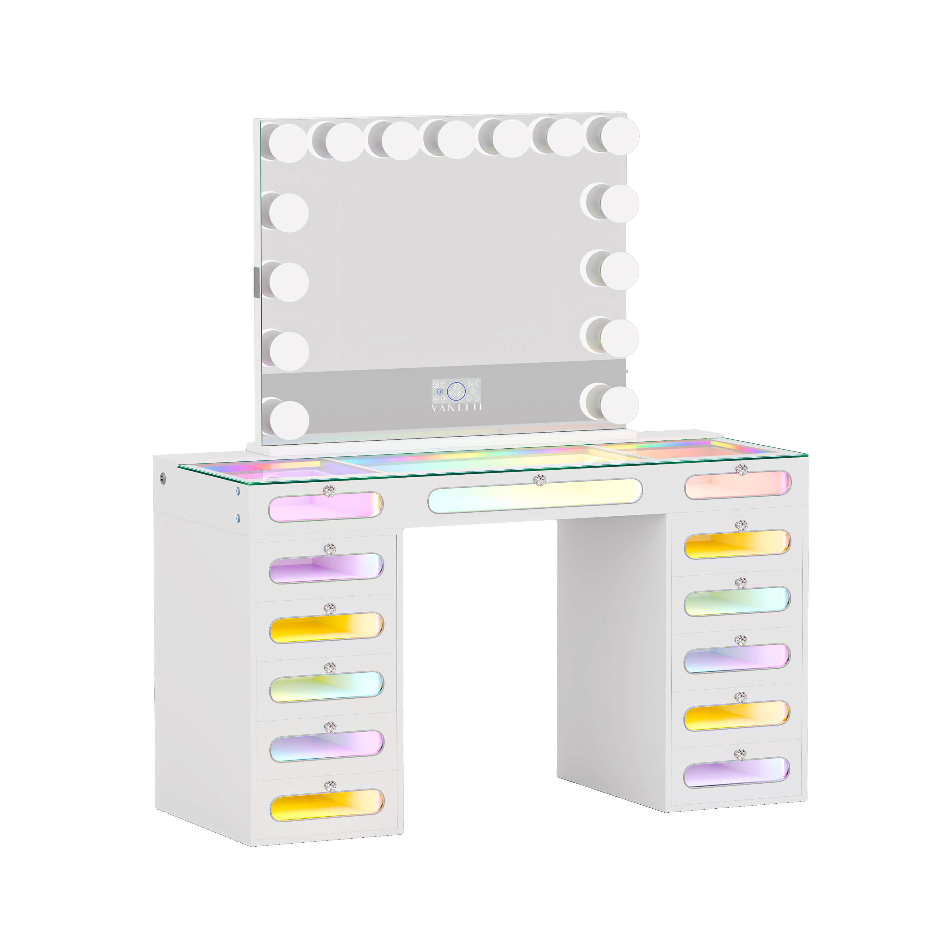 VANITII Priscilla Vanity Desk Set With 13 Drawers & 15 LED Bulbs Mirror
