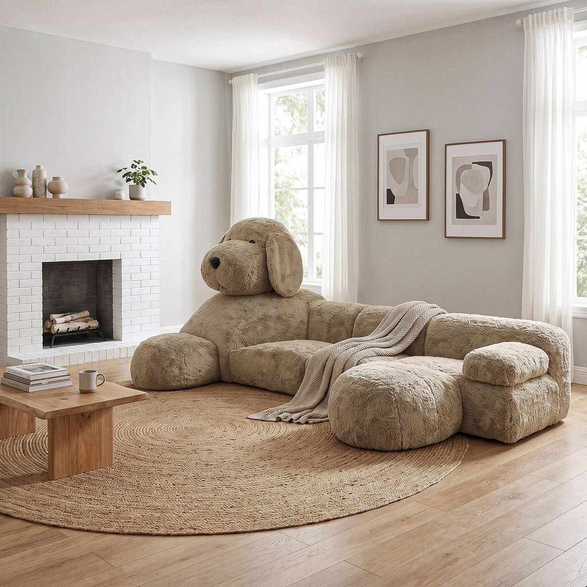 An oversized plush dog-shaped sofa is placed in the living room with a blanket on it.