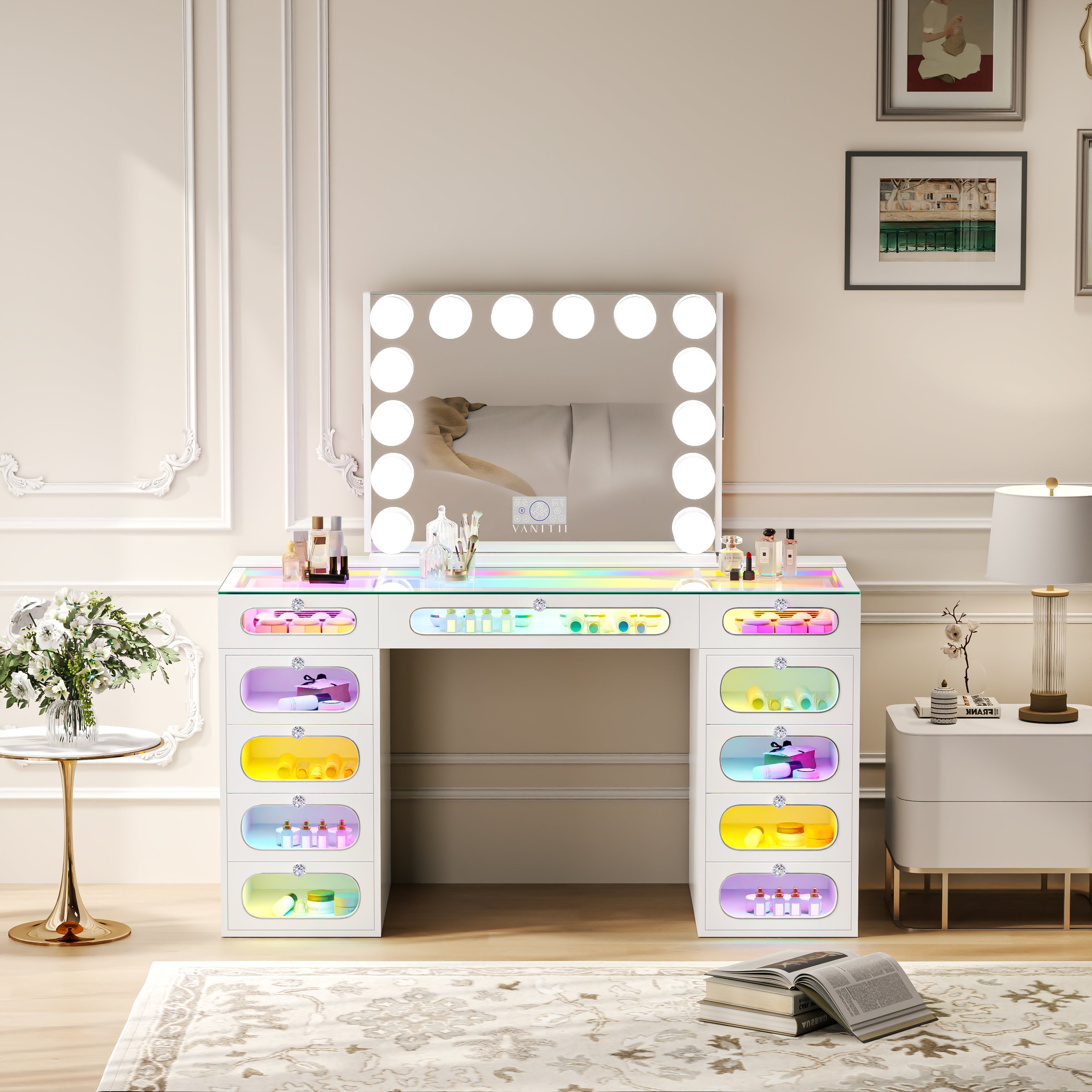 New Release ! VANITII Priscilla Vanity Set with Hollywood Vanity Mirror Pro with Jewelry Cabinet