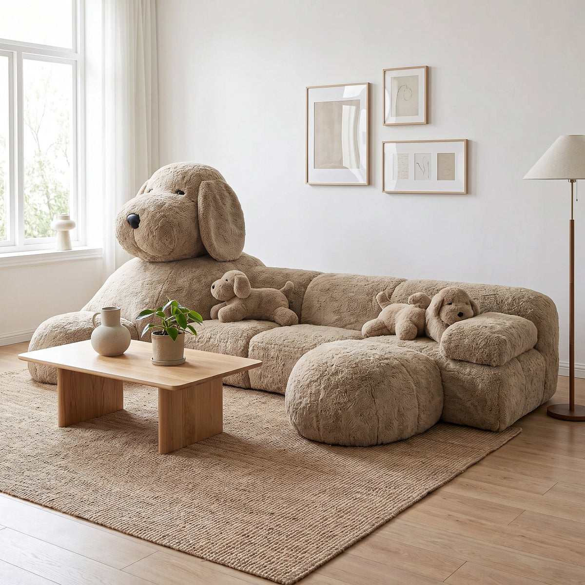 The oversized plush dog-shaped sofa is complemented by dog figurines and is highly suitable for use in the modern living room.